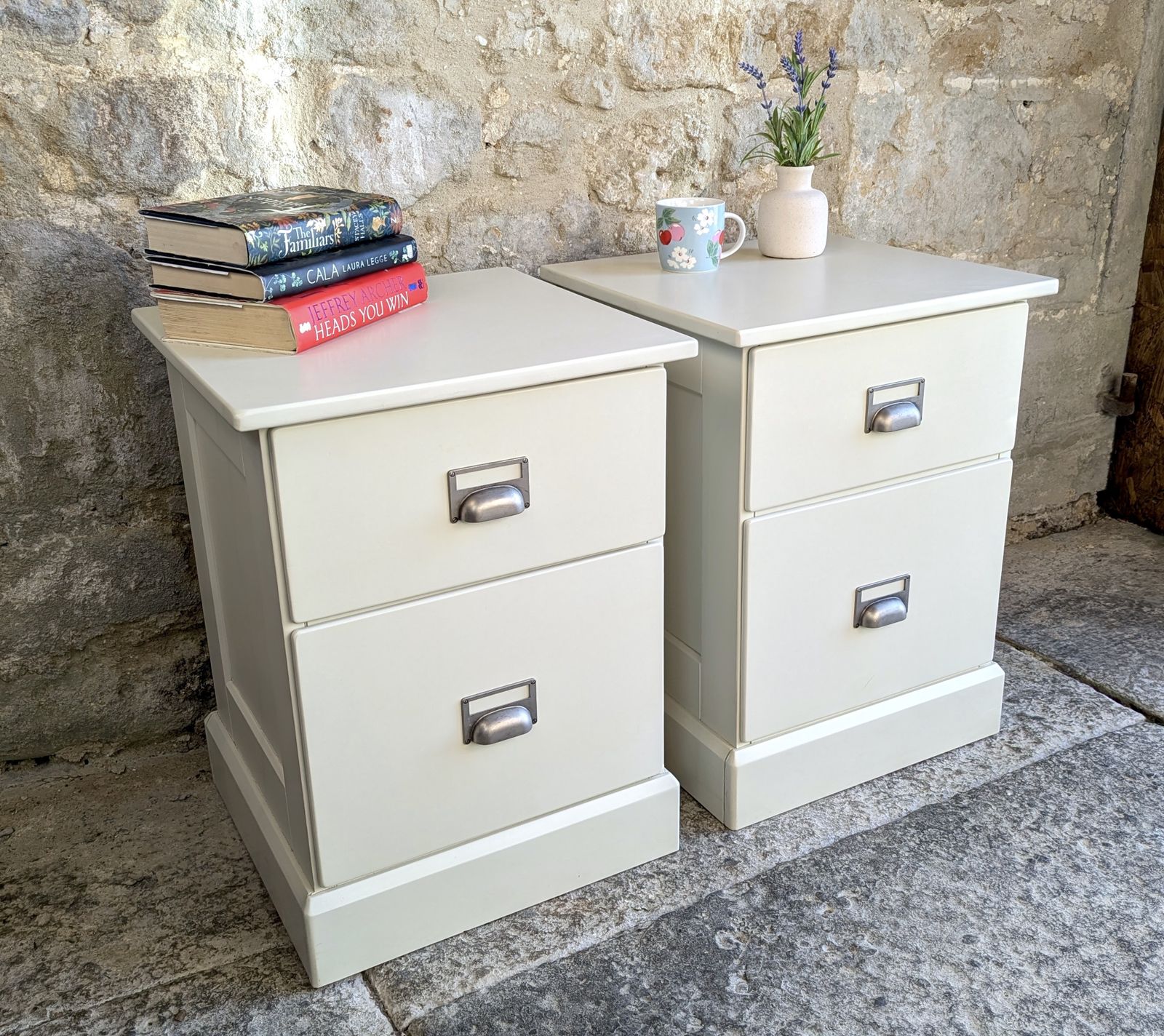 Pair Painted Bedside Tables With Drawers   Off White/ Cream   Sku 140 photo vintage