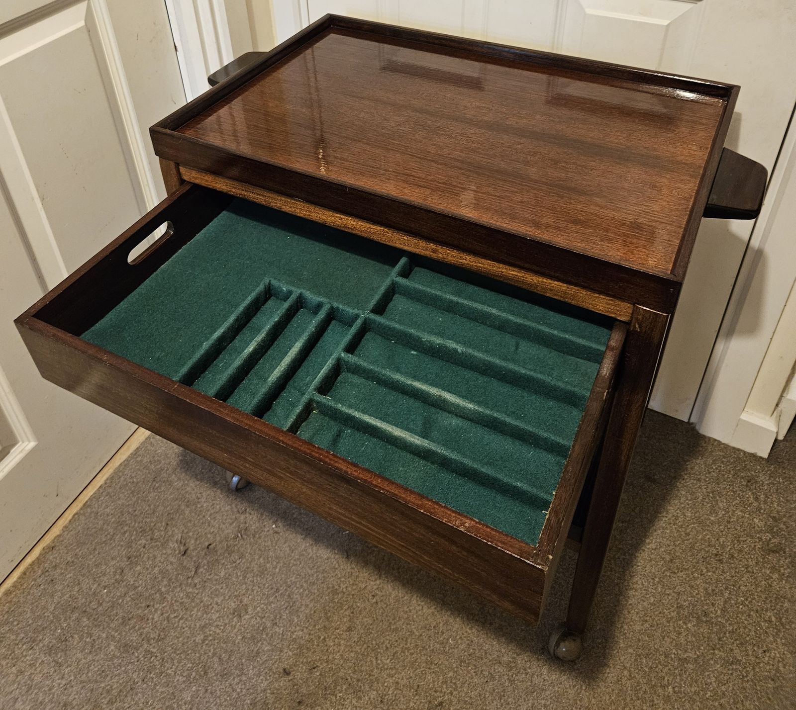 photo buy Mid Century 1960s Danish Teak Vintage Drinks Trolley With Removable Trays/Drawer