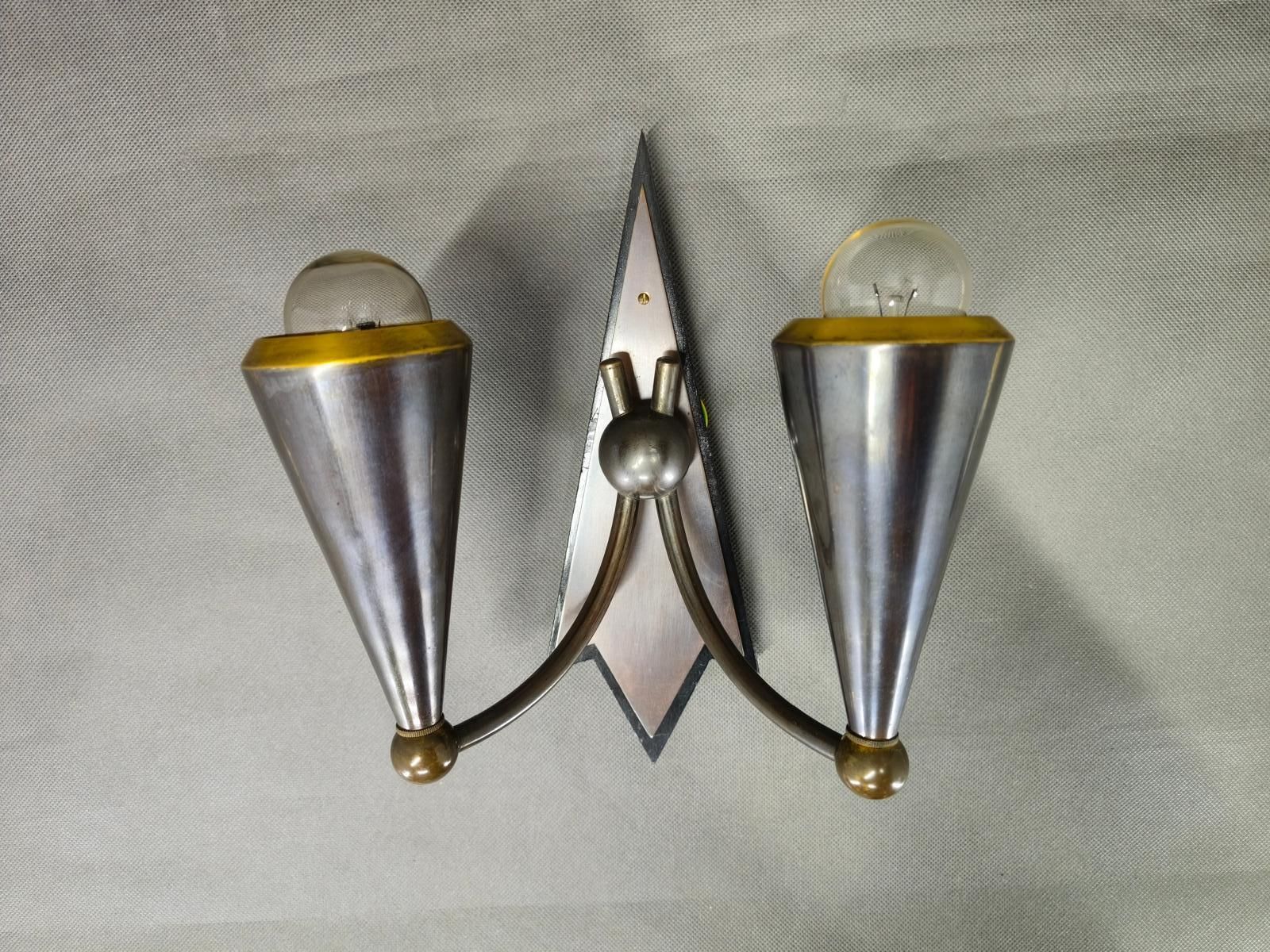 Czech Cubist Art Deco Wall Lamp, Metal And Wood, 1930s photo vinterior