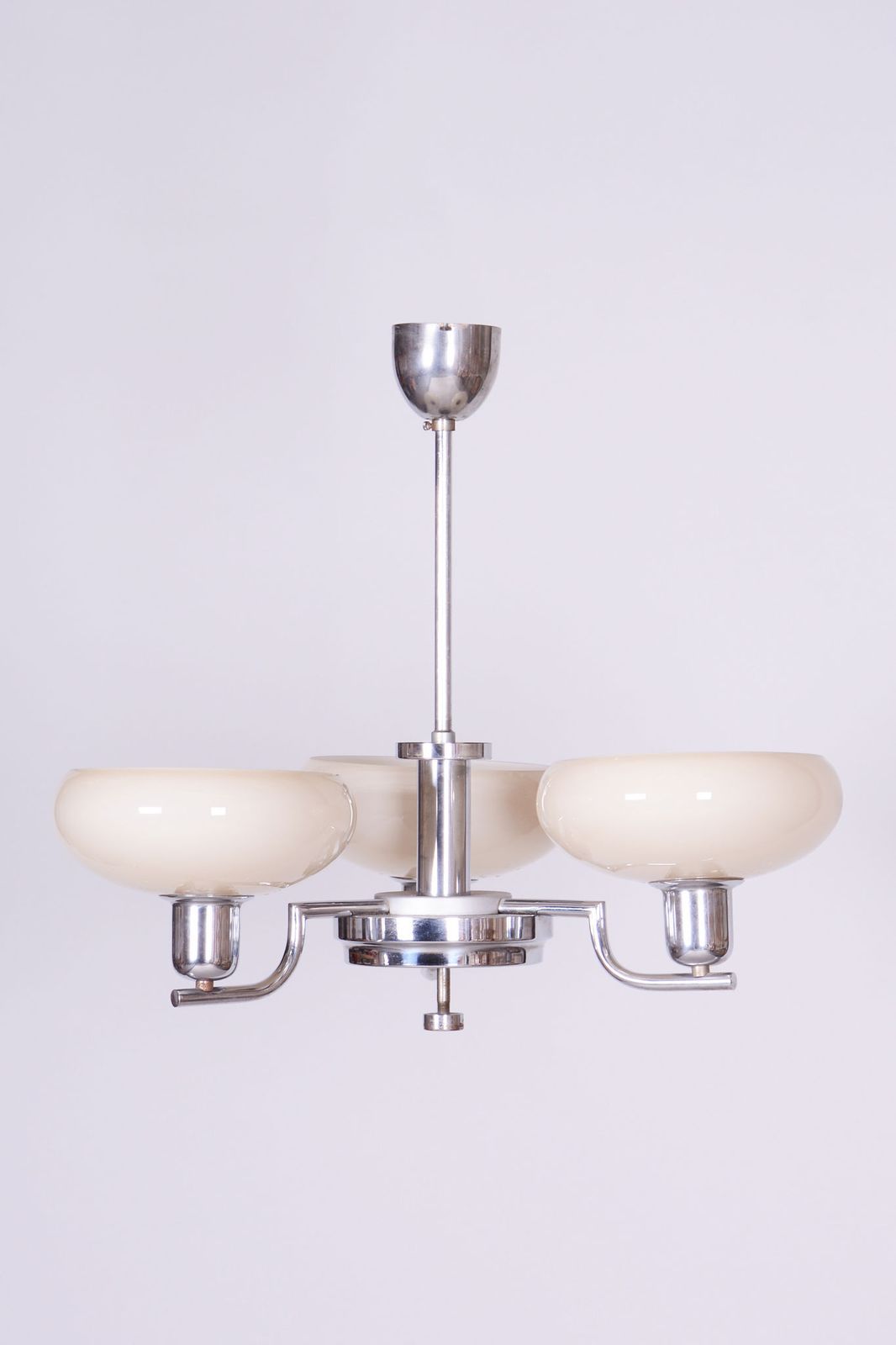 Restored Bauhaus Chandelier, Chrome Plated Steel, Opaline Glass, Czech, 1930s