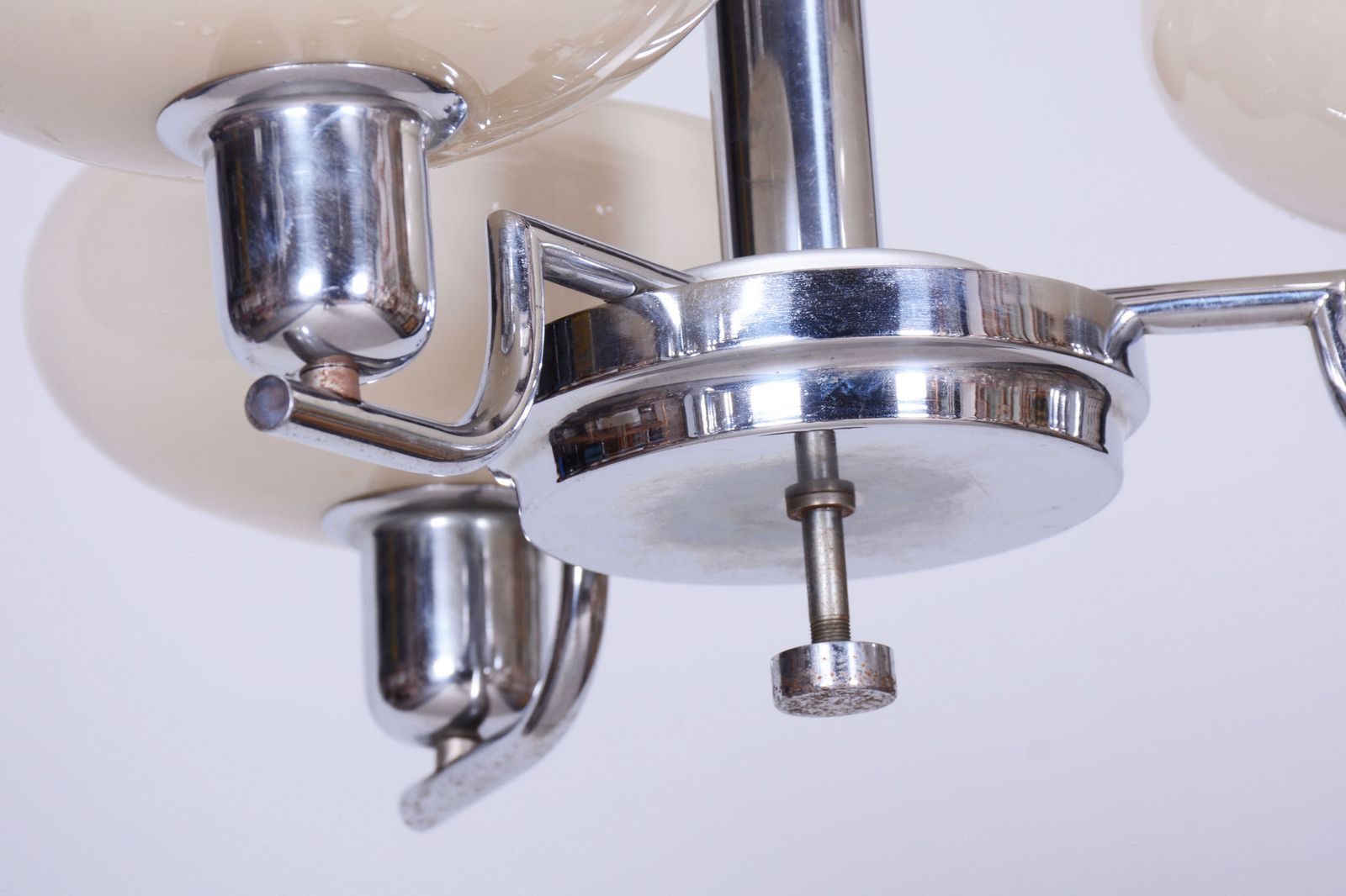 Restored Bauhaus Chandelier, Chrome Plated Steel, Opaline Glass, Czech, 1930s photo for sale