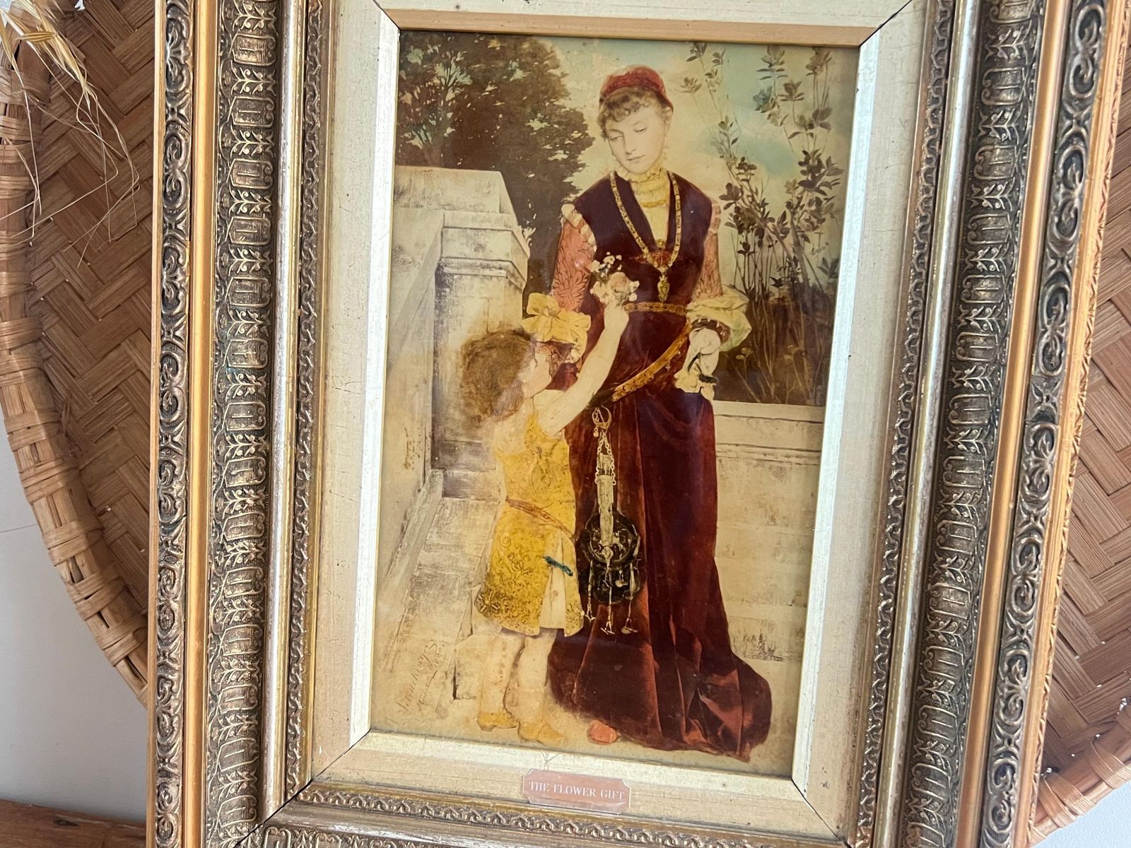 Antique 1880 Gabriel Schachinger Reverse Glass Painting "The Flower Gift" Ornate Gilded Victorian Frame   Munich School Period Fine Art photo vintage