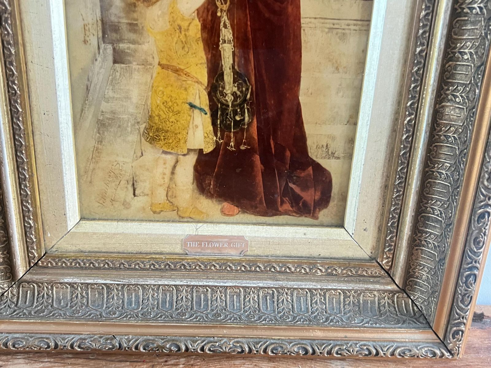 photo for sale Antique 1880 Gabriel Schachinger Reverse Glass Painting "The Flower Gift" Ornate Gilded Victorian Frame   Munich School Period Fine Art