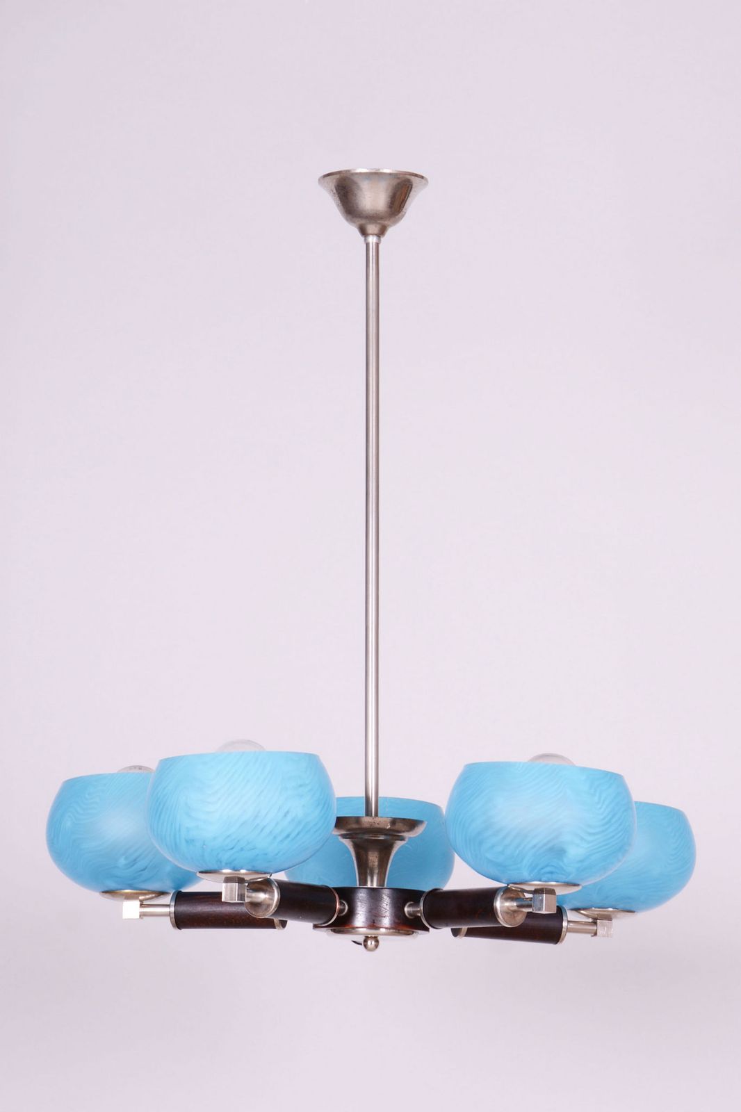 Restored Art Deco Chandelier, Chrome Plated Steel, Beech, Glass, Czech, 1920s