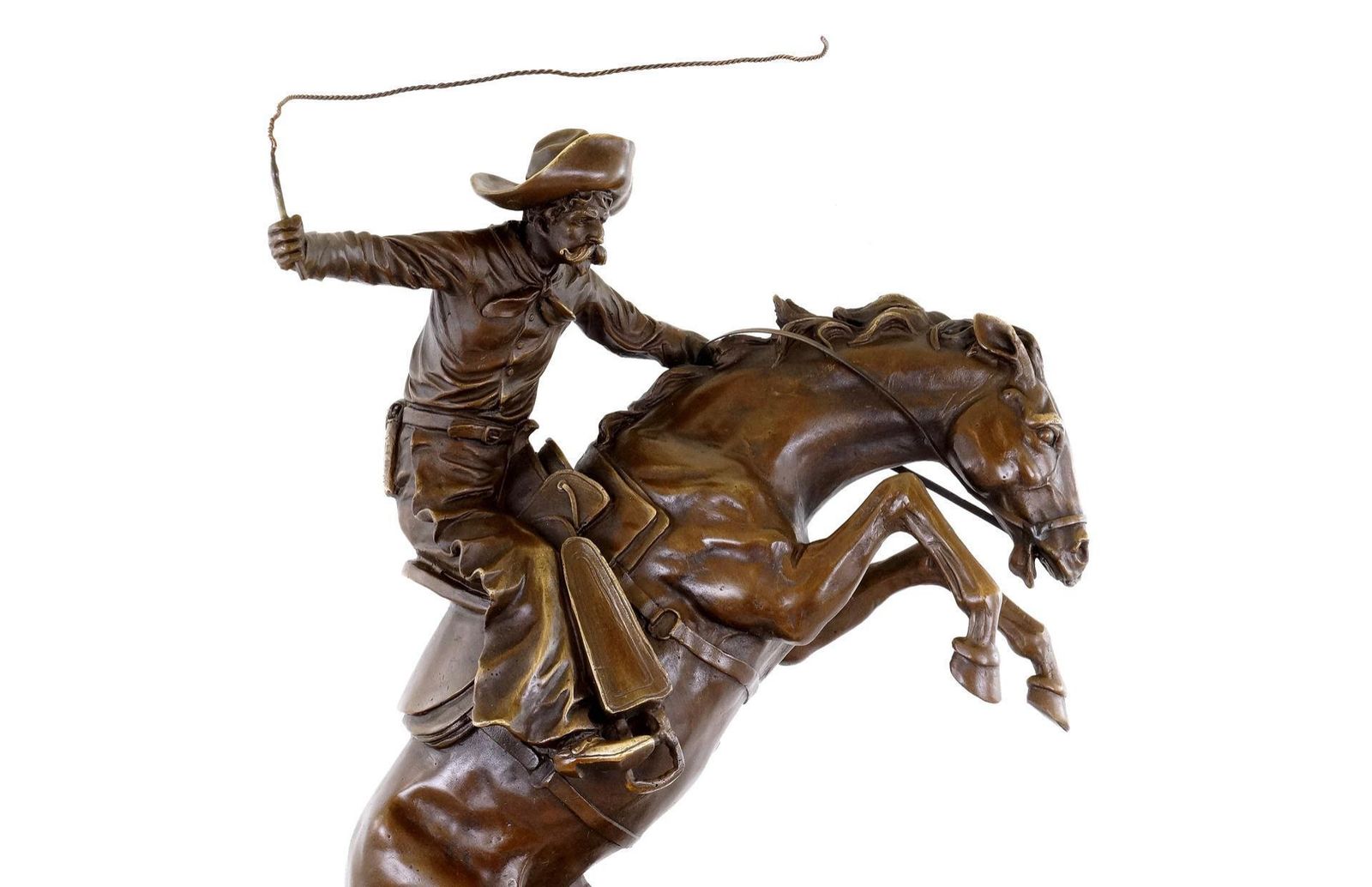 Western Bronze Sculpture Depicting A Cowboy On A Rearing Horse, 20th Century. photo for sale