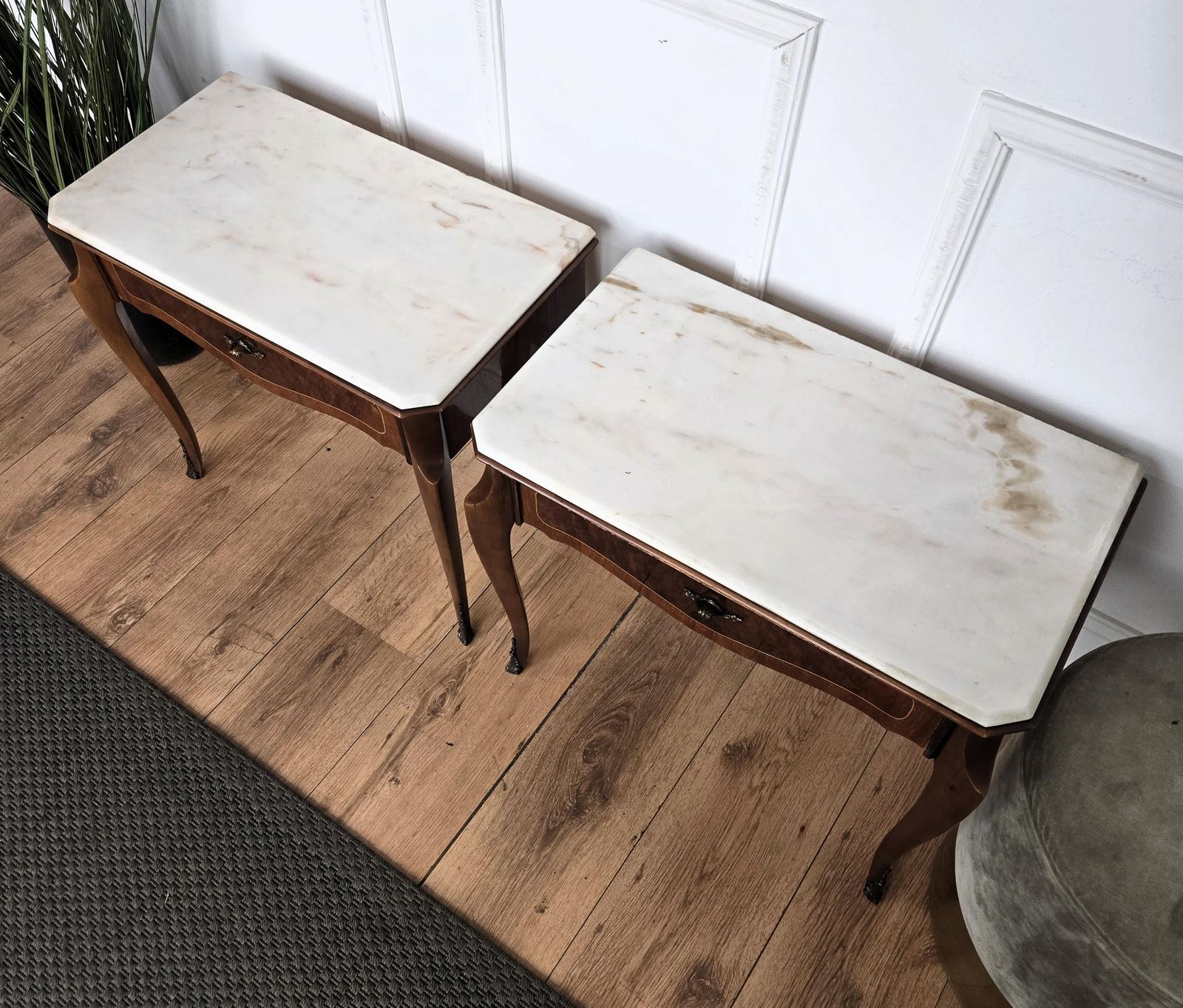 Pair Of Italian Mid Century Wood Marble Top Night Stands Bedside Tables photo vinterior