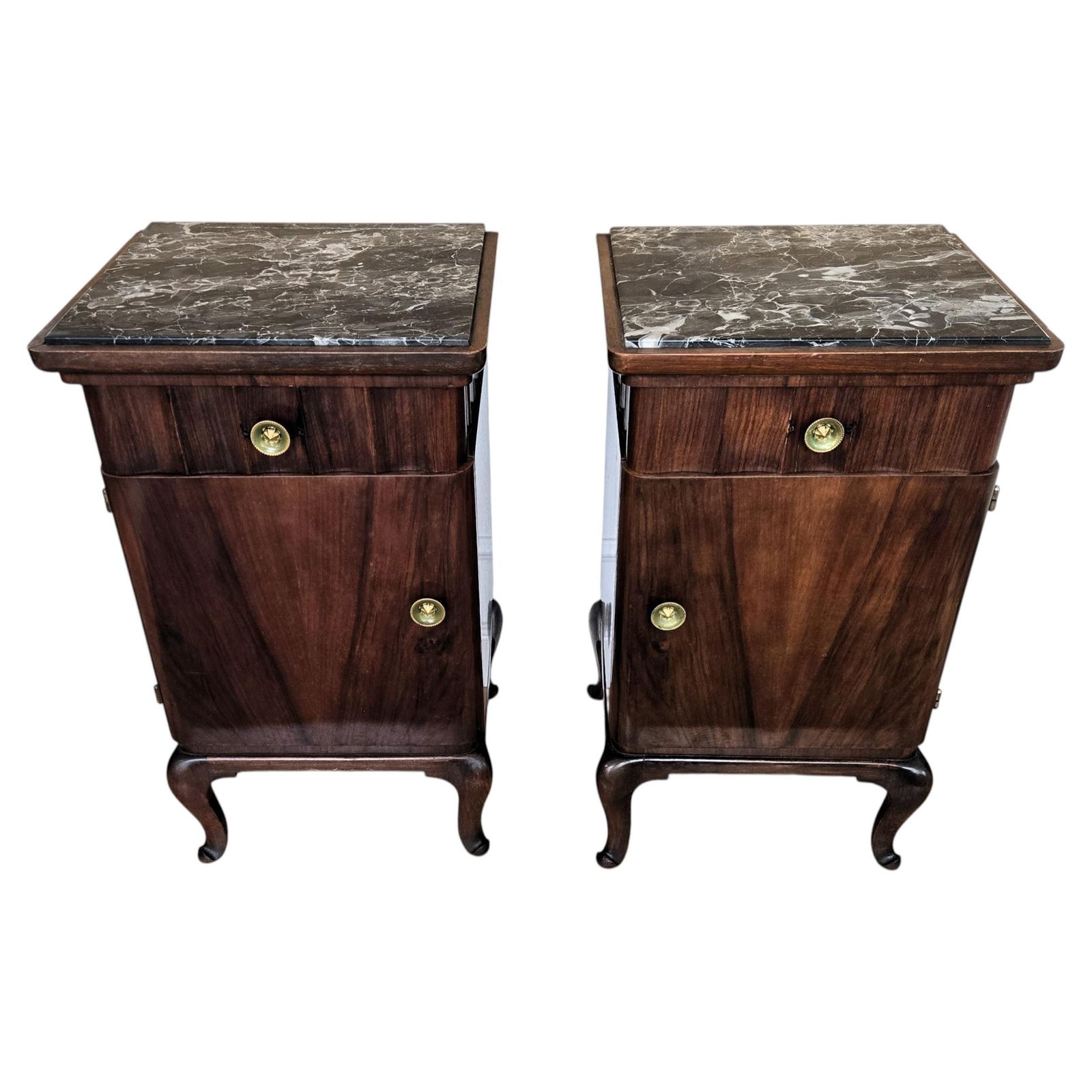 Pair Of Italian Art Deco Night Stands Bed Tables In Walnut Portoro Marble