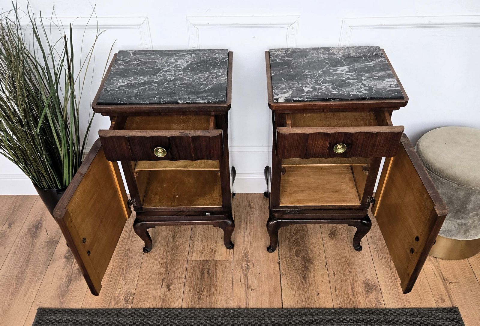 Pair Of Italian Art Deco Night Stands Bed Tables In Walnut Portoro Marble photo vintage