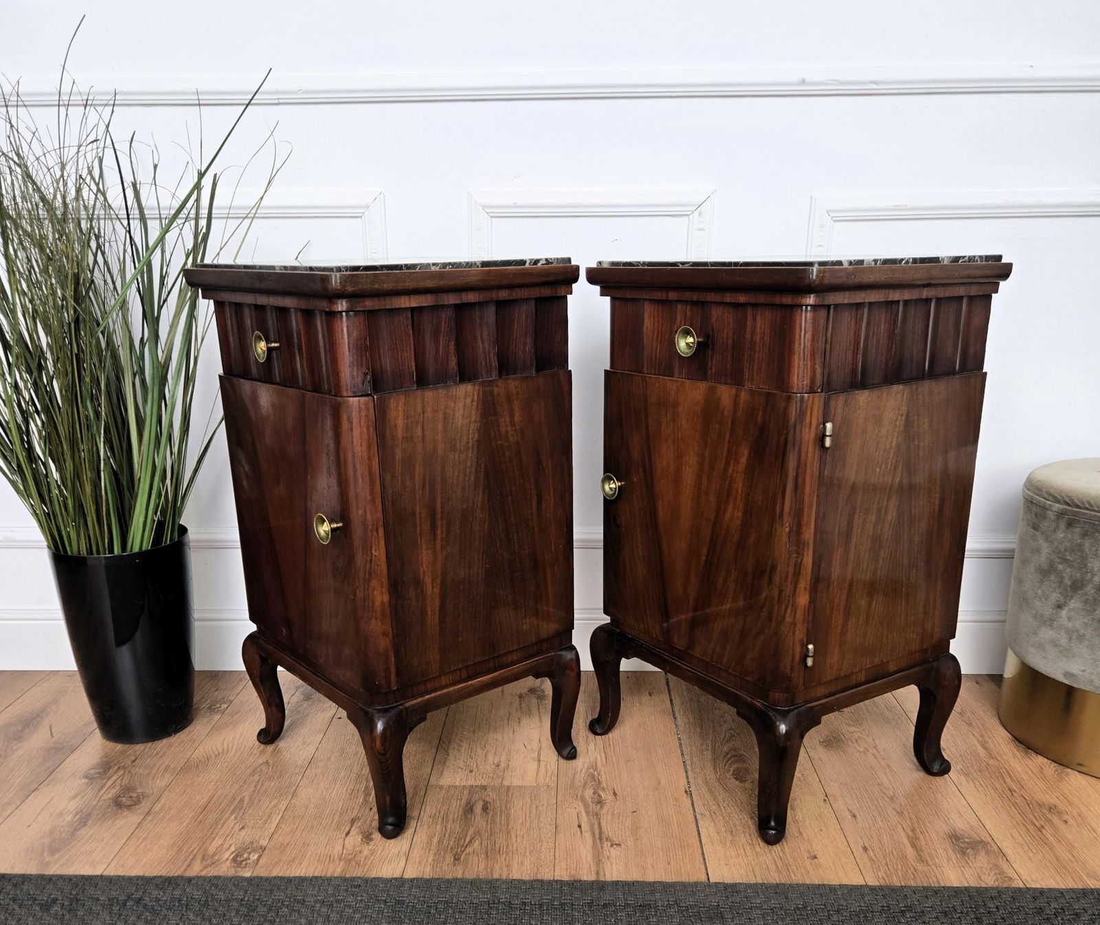 photo for sale Pair Of Italian Art Deco Night Stands Bed Tables In Walnut Portoro Marble