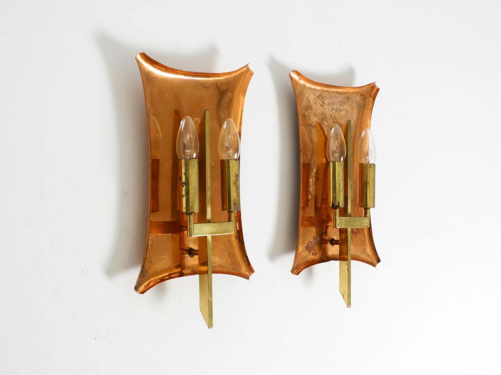 Unique Large Heavy Mid Century Church Wall Lamps Made Of Copper And Brass photo for sale