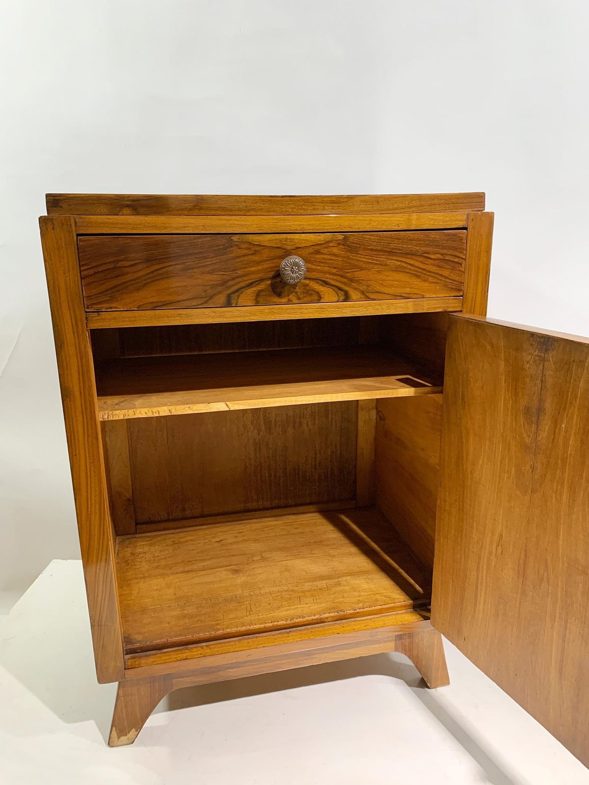 photo furniture Art Deco Figured Walnut Veneer Bedside Cabinet /Nightstand, France, Circa 1940's