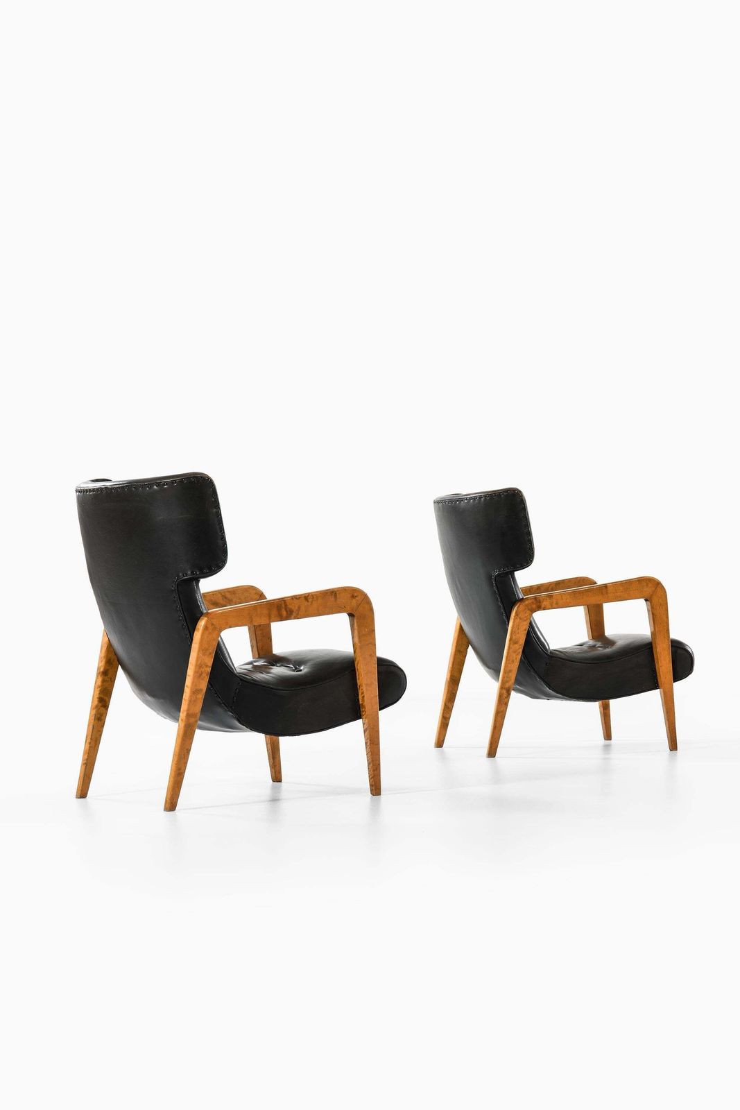 Set Of 2 Easy Chairs In Leather And Brich, 1950s photo furniture