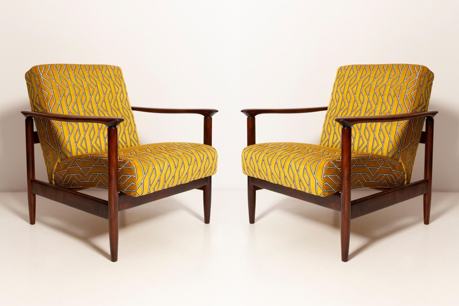 Pair Of Mid Century Yellow Jacquard Velvet Armchairs With Stool, 1960s photo furniture