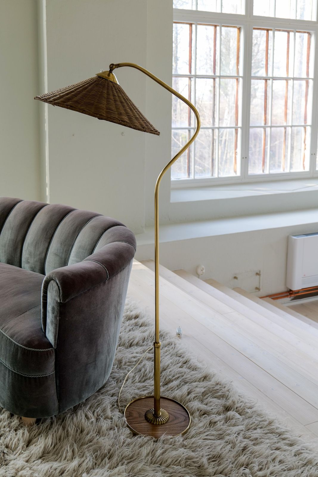 Art Deco Sculptural Brass And Rattan Floor Lamp Sweden 1940s photo Lighting