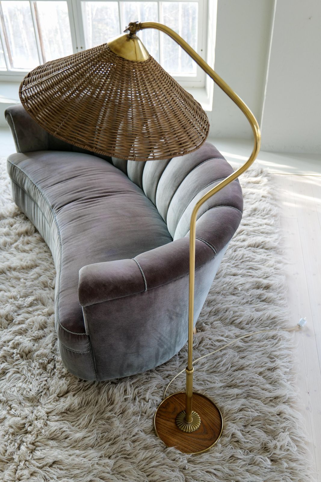 Art Deco Sculptural Brass And Rattan Floor Lamp Sweden 1940s photo vinterior