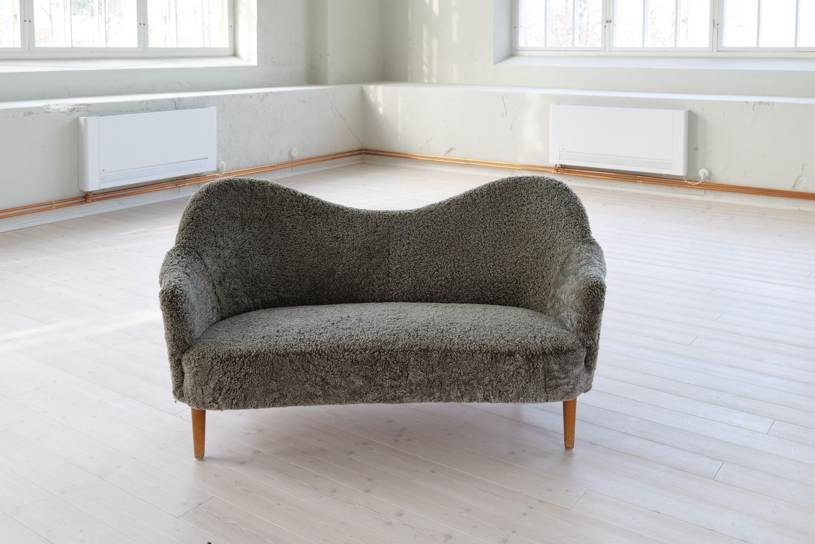 Samspel Sofa By Carl Malmsten, Reupholstered Sheepskin, Sweden, 1956 photo for sale