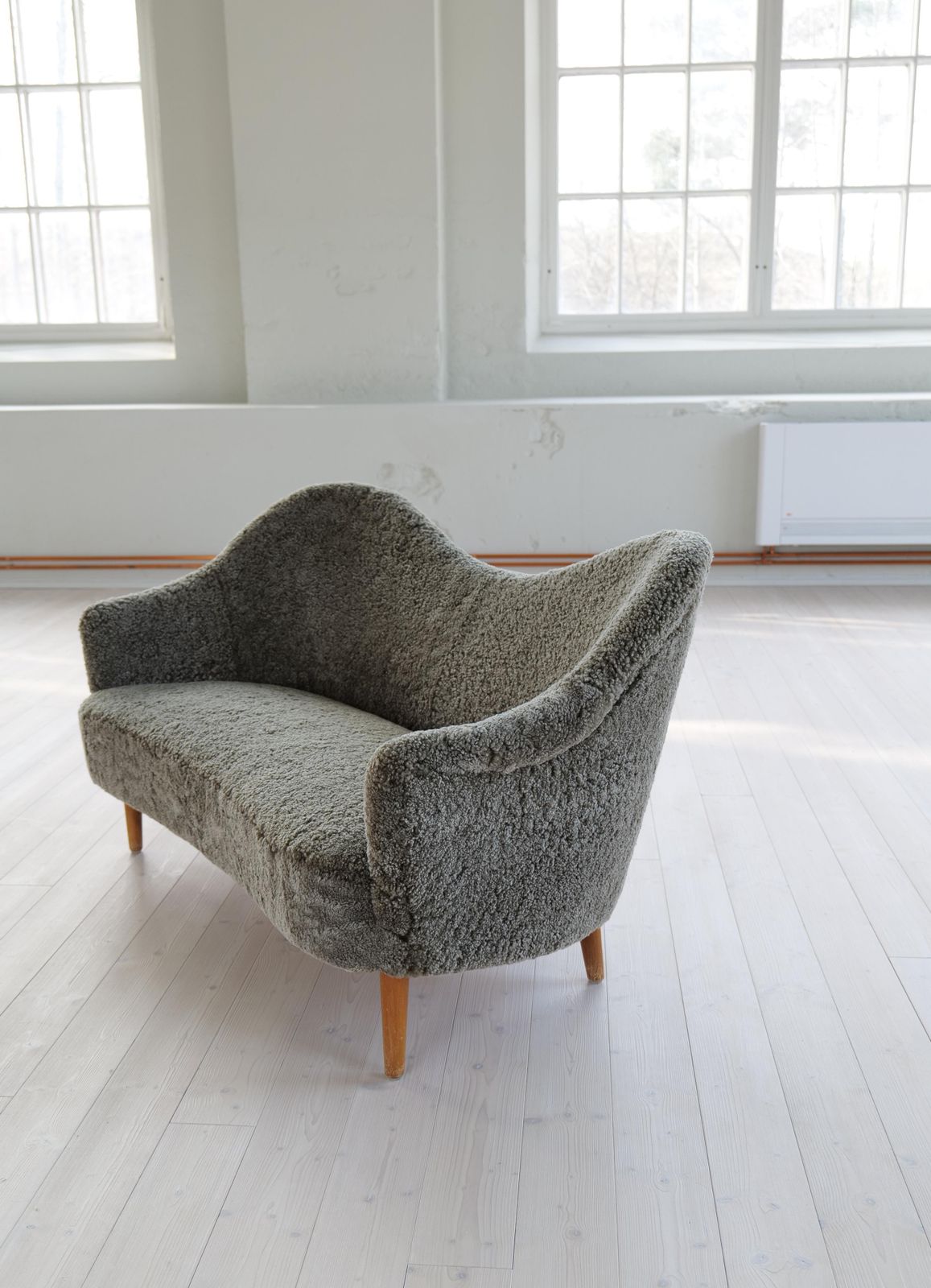 Samspel Sofa By Carl Malmsten, Reupholstered Sheepskin, Sweden, 1956 photo vintage
