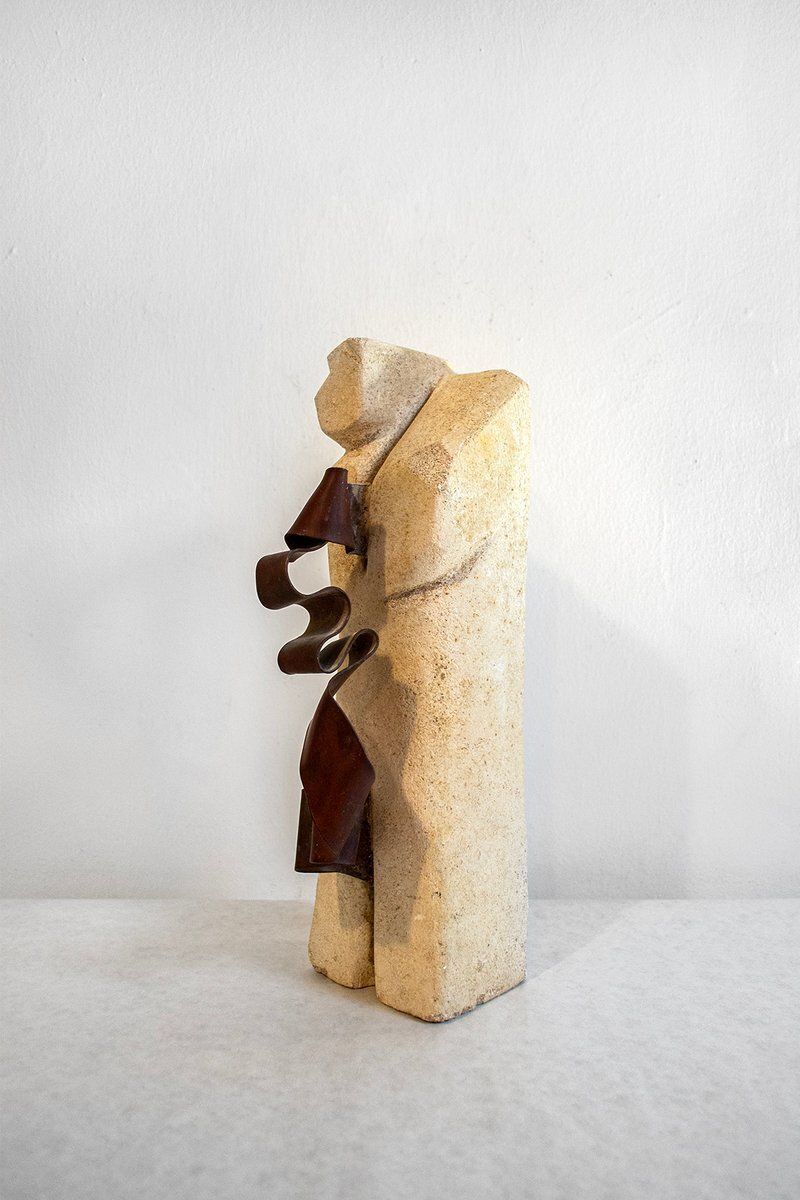 Abstract Sculptuur In Travertijn En Koper, Jaren 1970 photo for sale