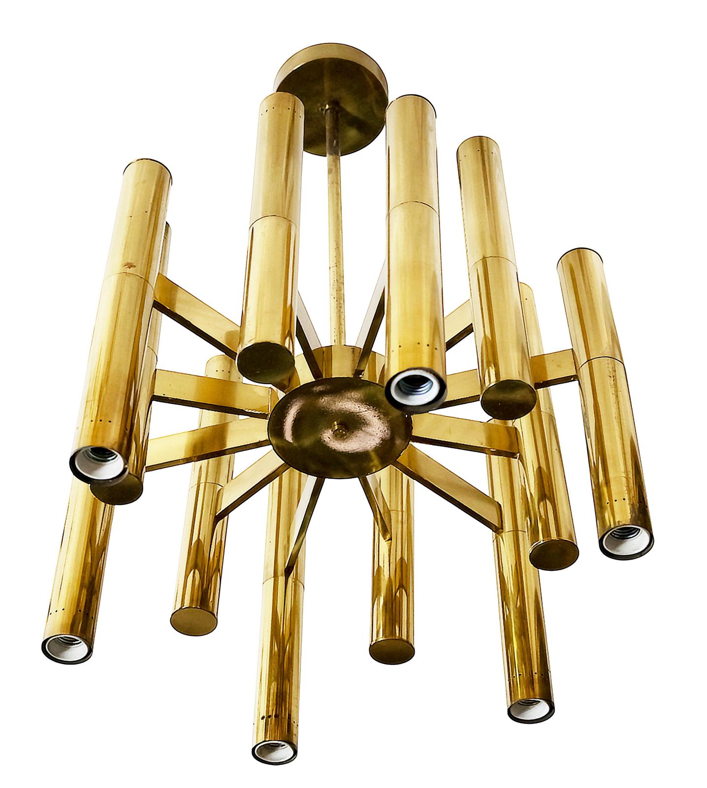 Mid Century Italian Brass Chandelier, Tube Form Design, 1970s Vintage photo buy