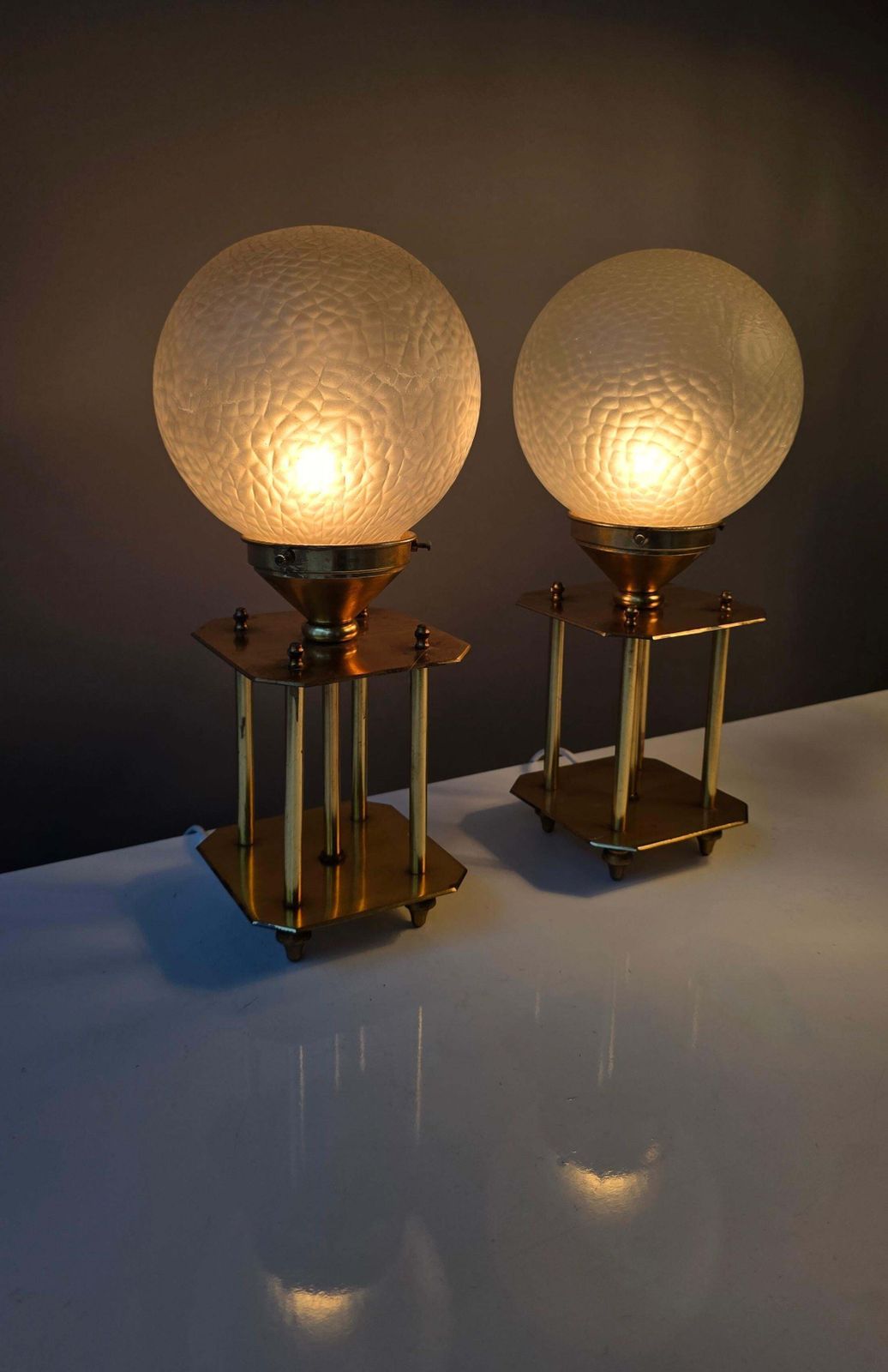 Pair Of 1960s Brass Art Deco Style Table Lamps With Textured Frosted Glass Globe photo furniture