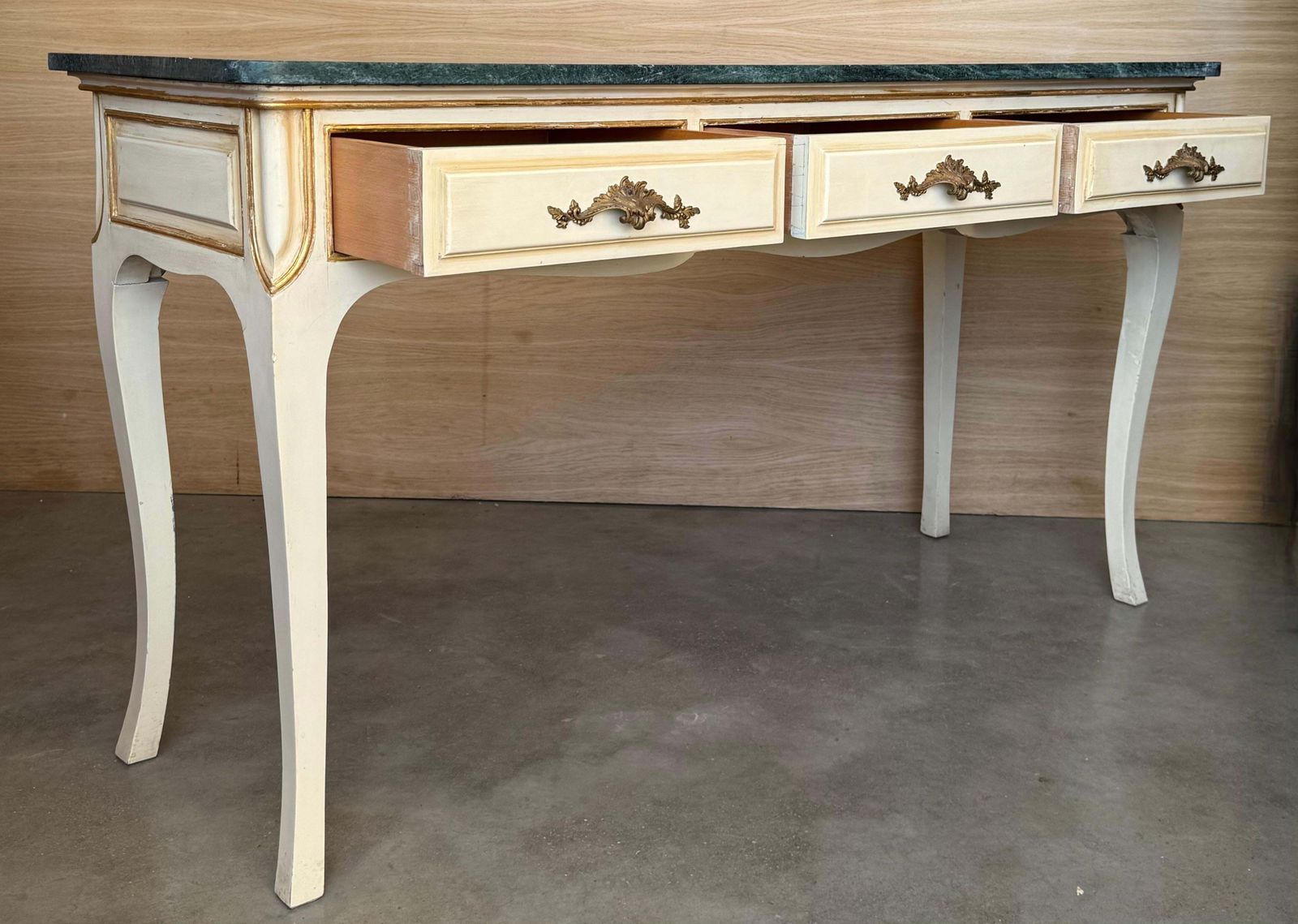 Furniture 20th Century French White Painted Table Console With Green Marble Top photo