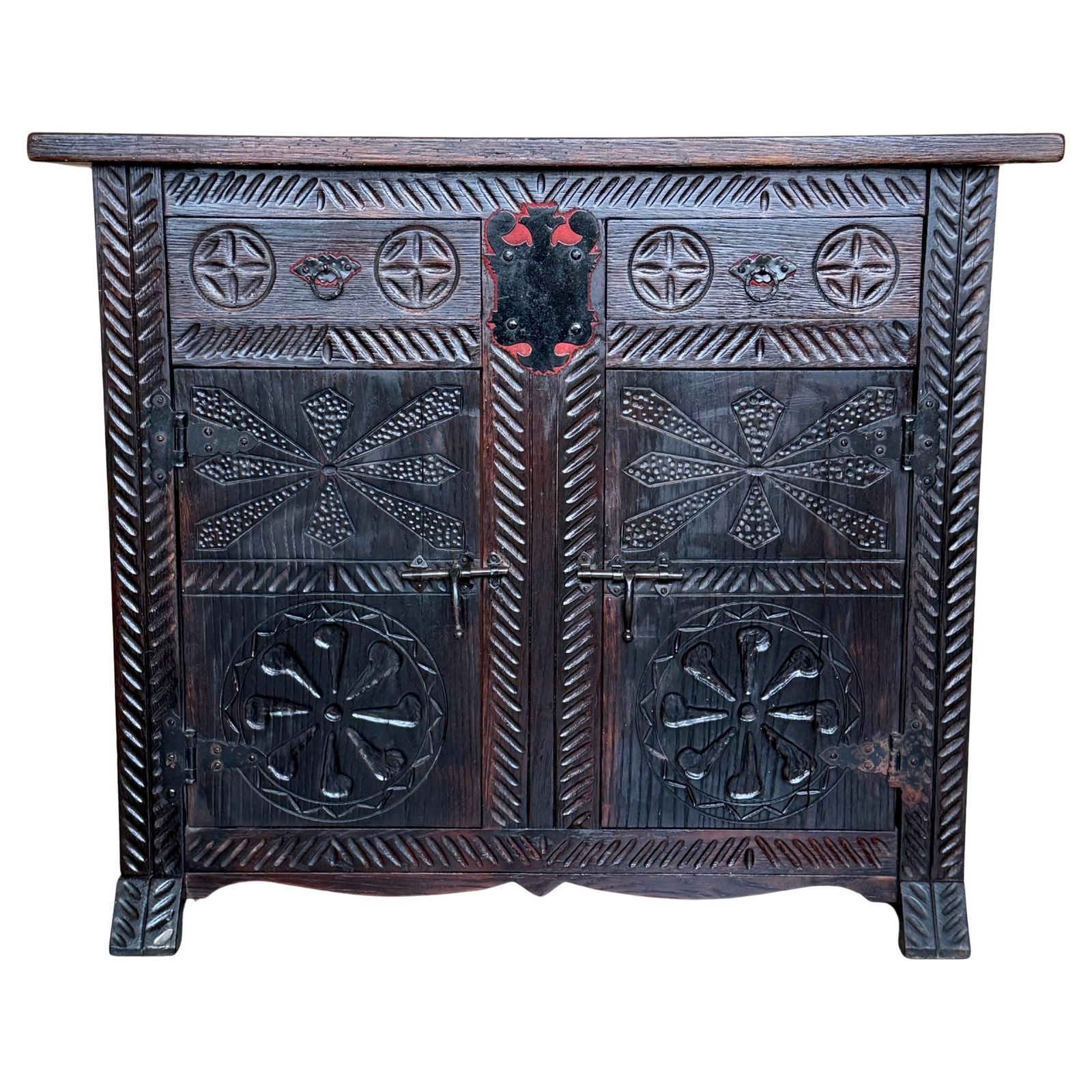 20th Spanish Baroque Carved Walnut Tuscan Two Drawers Credenza Or Buffet