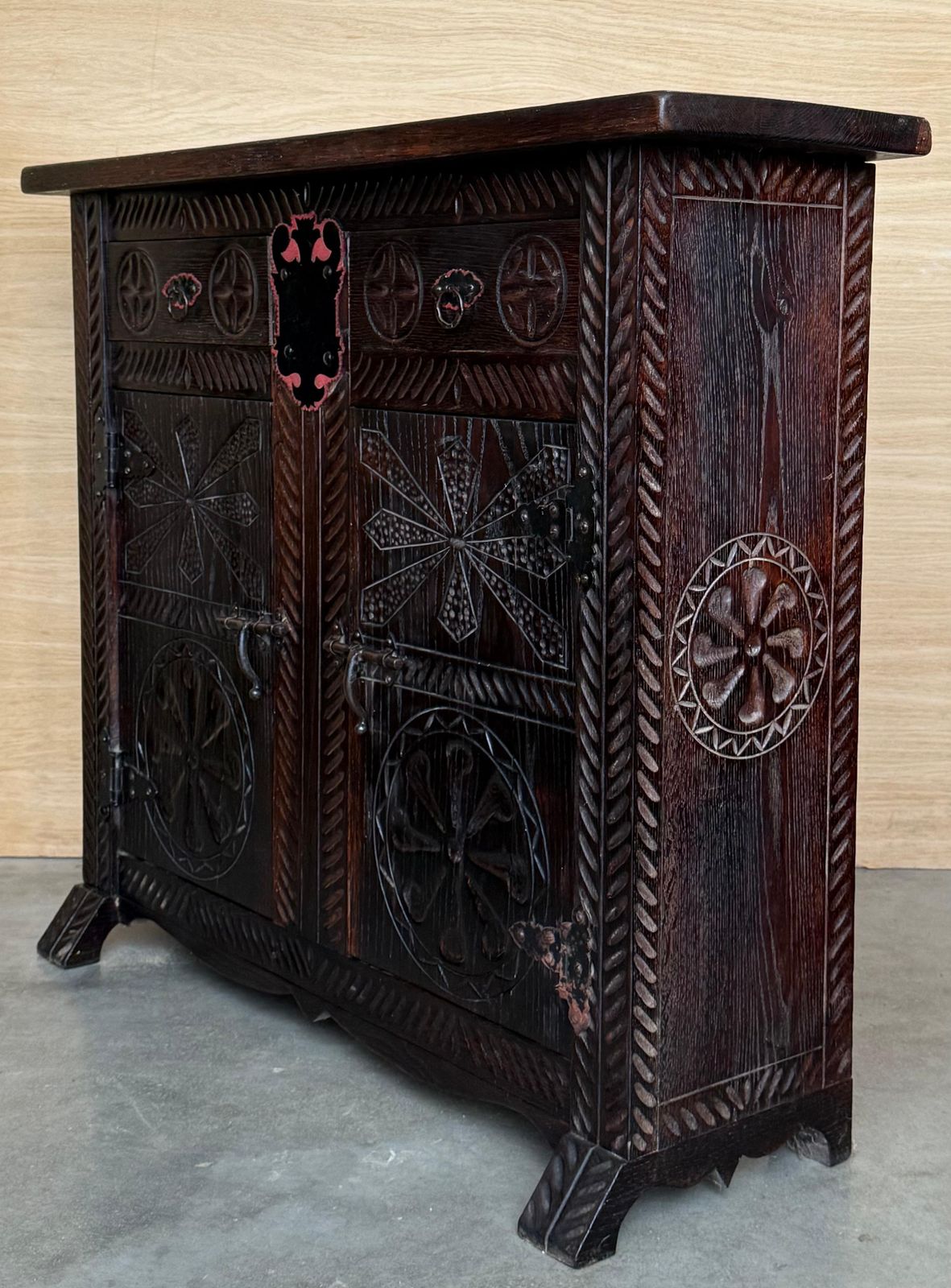 20th Spanish Baroque Carved Walnut Tuscan Two Drawers Credenza Or Buffet photo Furniture