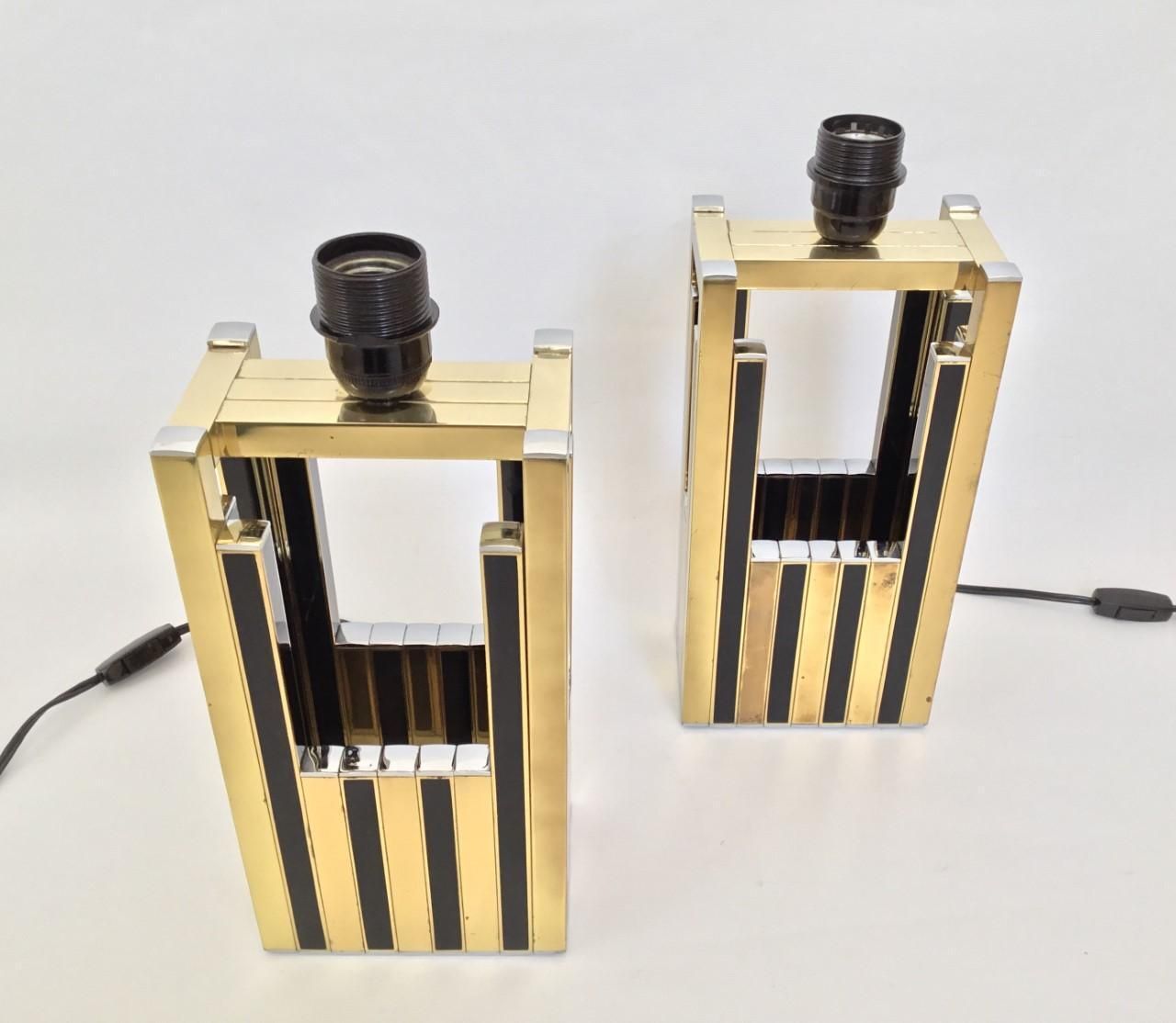 Midcentury Gold Brass Black Emanel Pair Of Table Lamps By Bd Lumica, 1970s photo buy