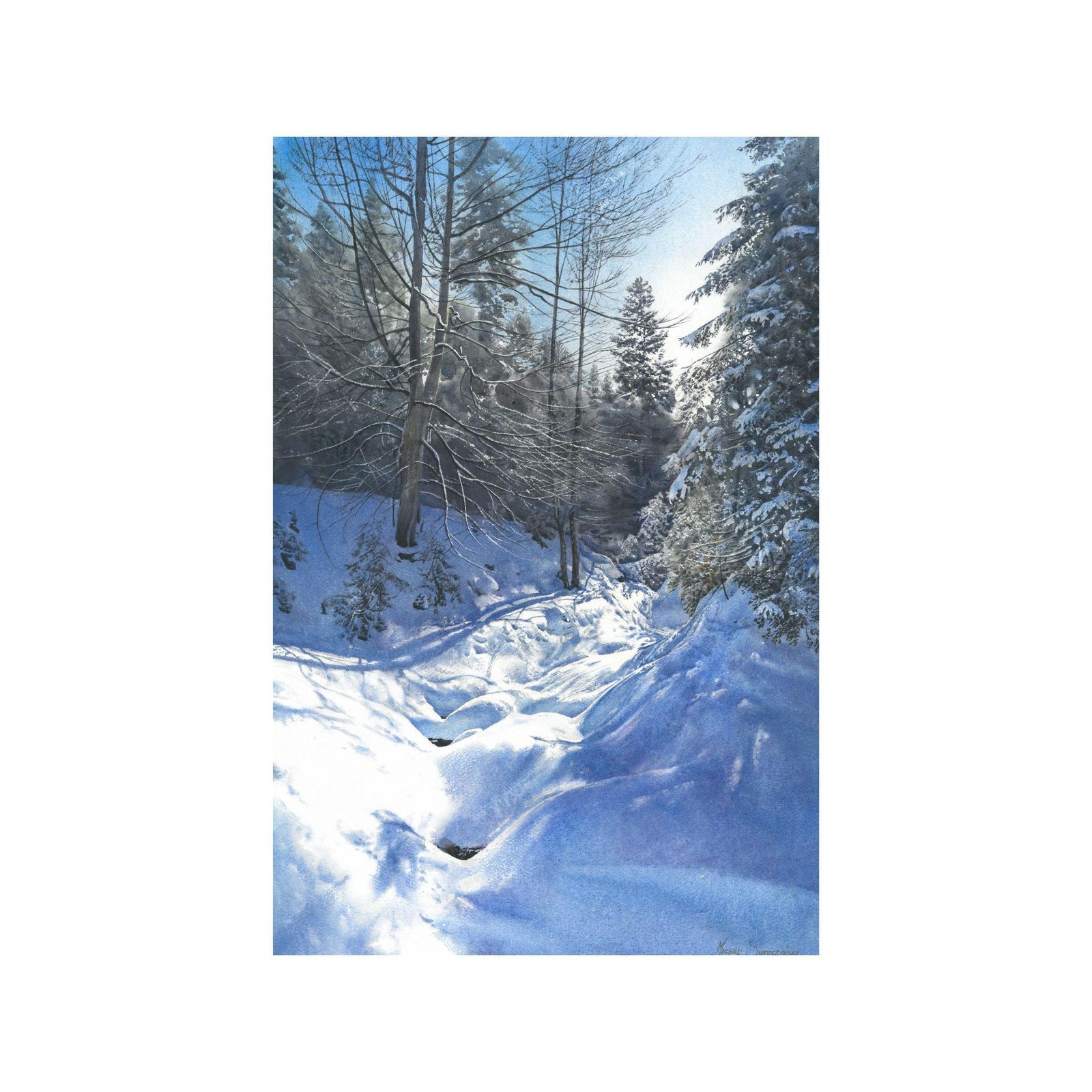 Michal Suffczynskia Winter Valley – Large Contemporary Mountain Landscape Watercolour Painting2018 photo furniture