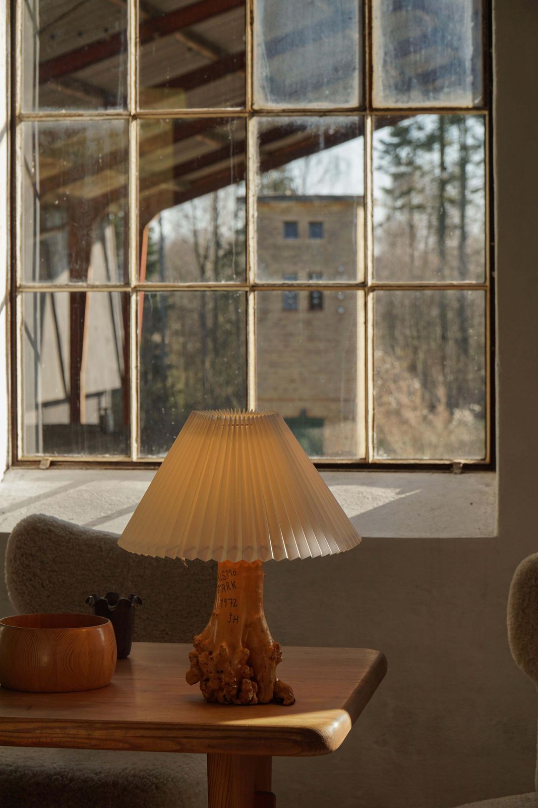 photo buy Scandinavian Modern, Carved Wooden Table Lamp With Engraved Inscription, 1972