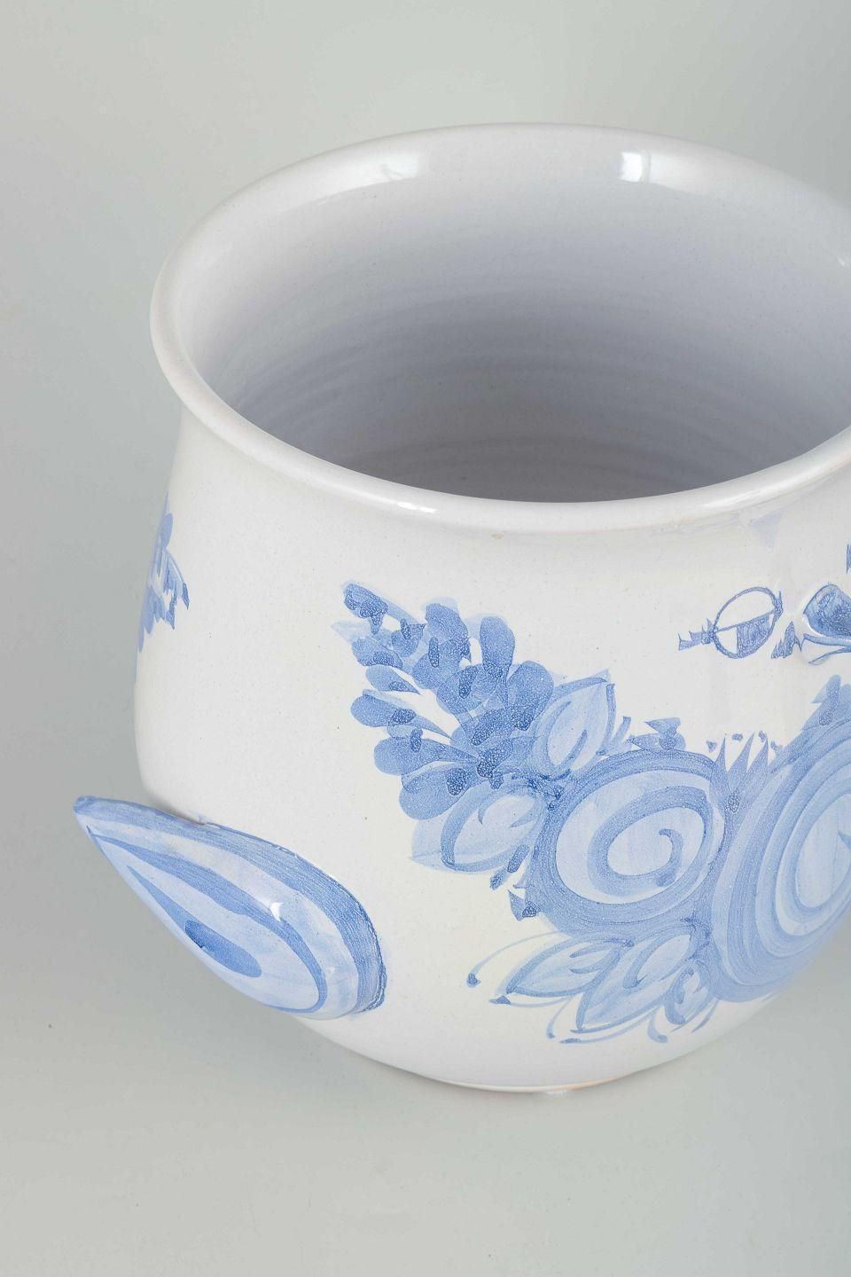 Bjørn Wiinblad. Flowerpot Cover In Faience With Blue Spiral And Floral Motifs. photo for sale