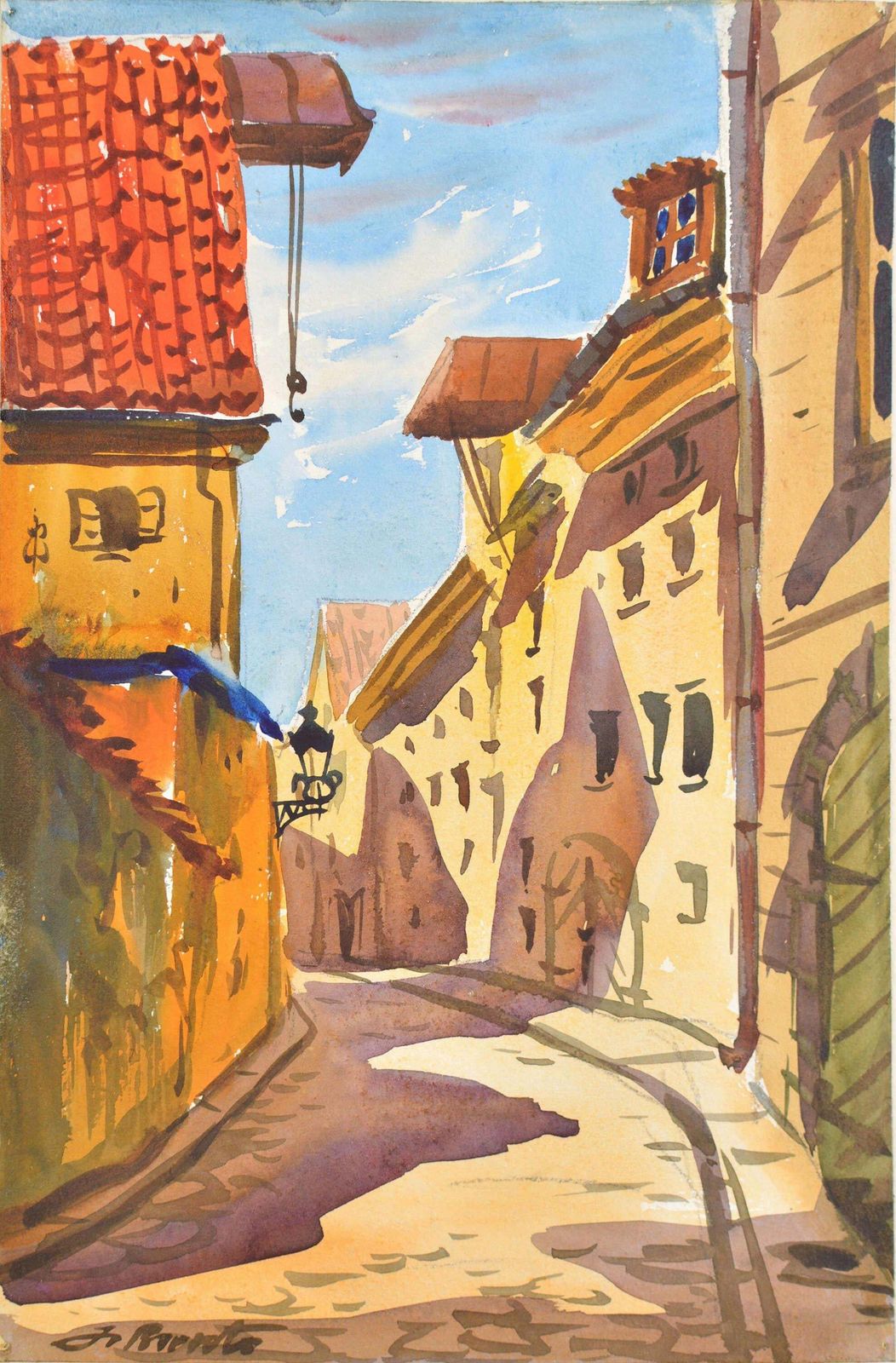 Janis Brekteold Town Street. 1956. Watercolor, Paper. 23x15 Cm. Signed1956