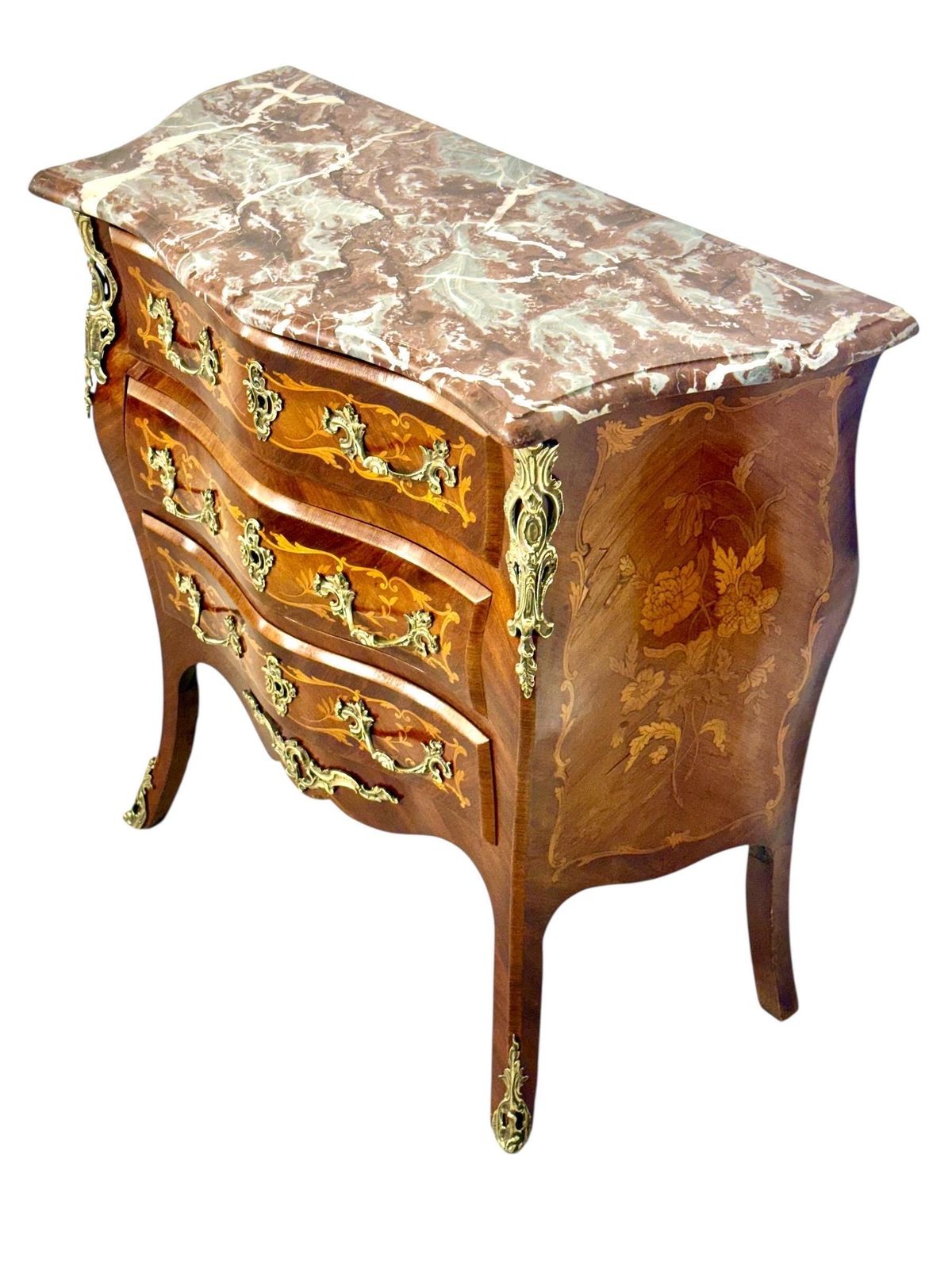 photo furniture 19th Century French Louis XV Style Marquetry Commode With Breccia Marble Top