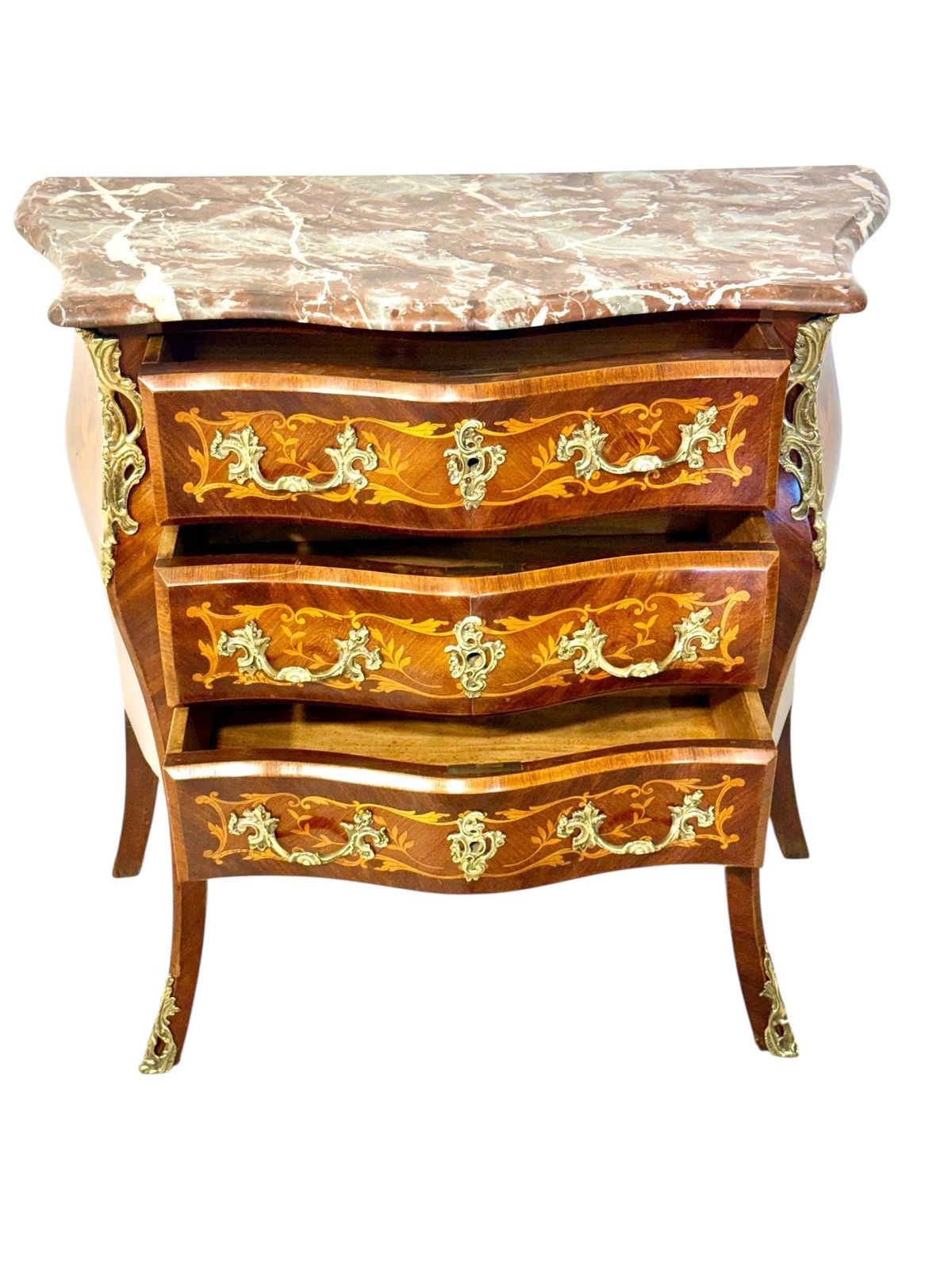 photo for sale 19th Century French Louis XV Style Marquetry Commode With Breccia Marble Top