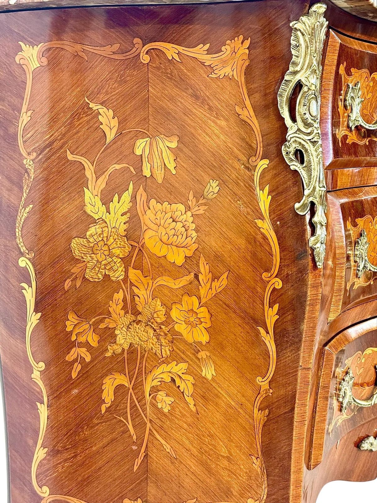 photo buy 19th Century French Louis XV Style Marquetry Commode With Breccia Marble Top