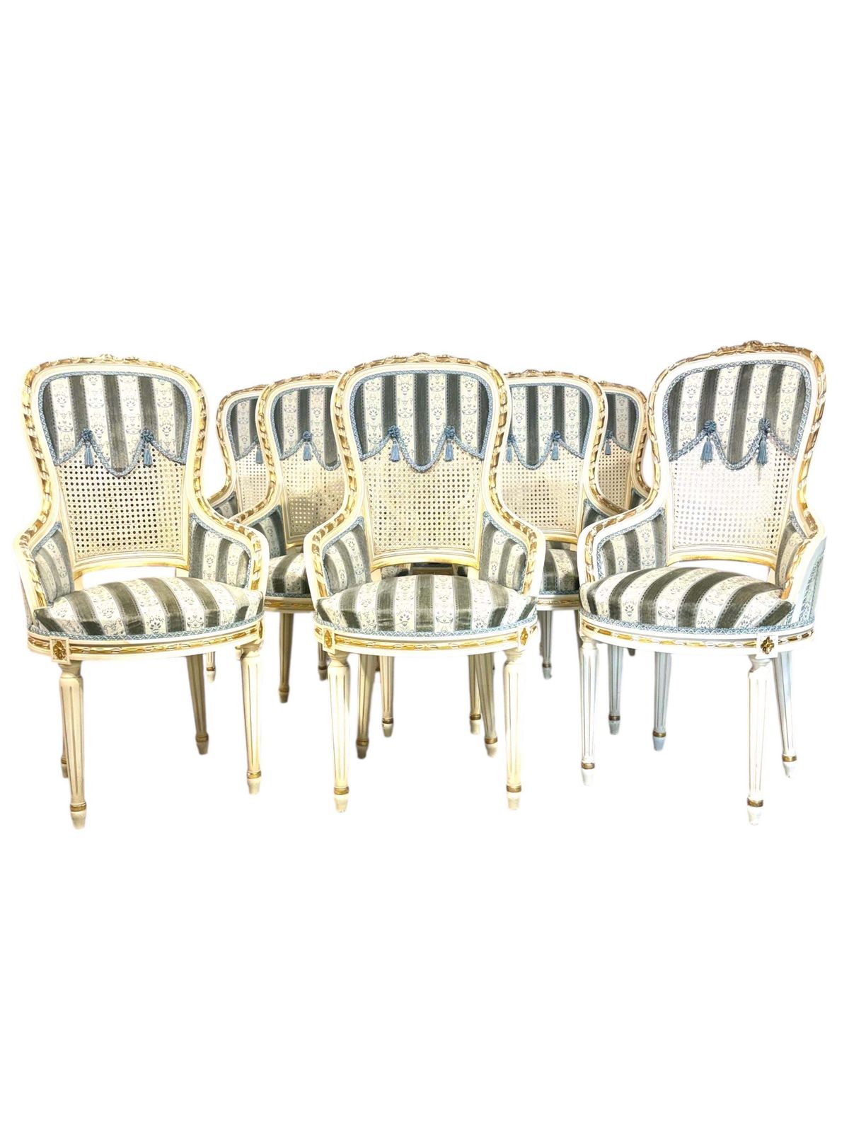 Set Of Eight French Louis XVI Style Painted & Gilt Dining Chairs, Caned Backs photo vintage