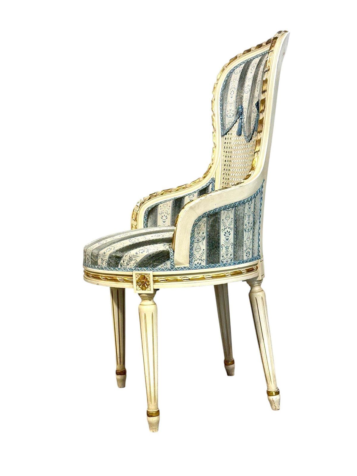 photo for sale Set Of Eight French Louis XVI Style Painted & Gilt Dining Chairs, Caned Backs