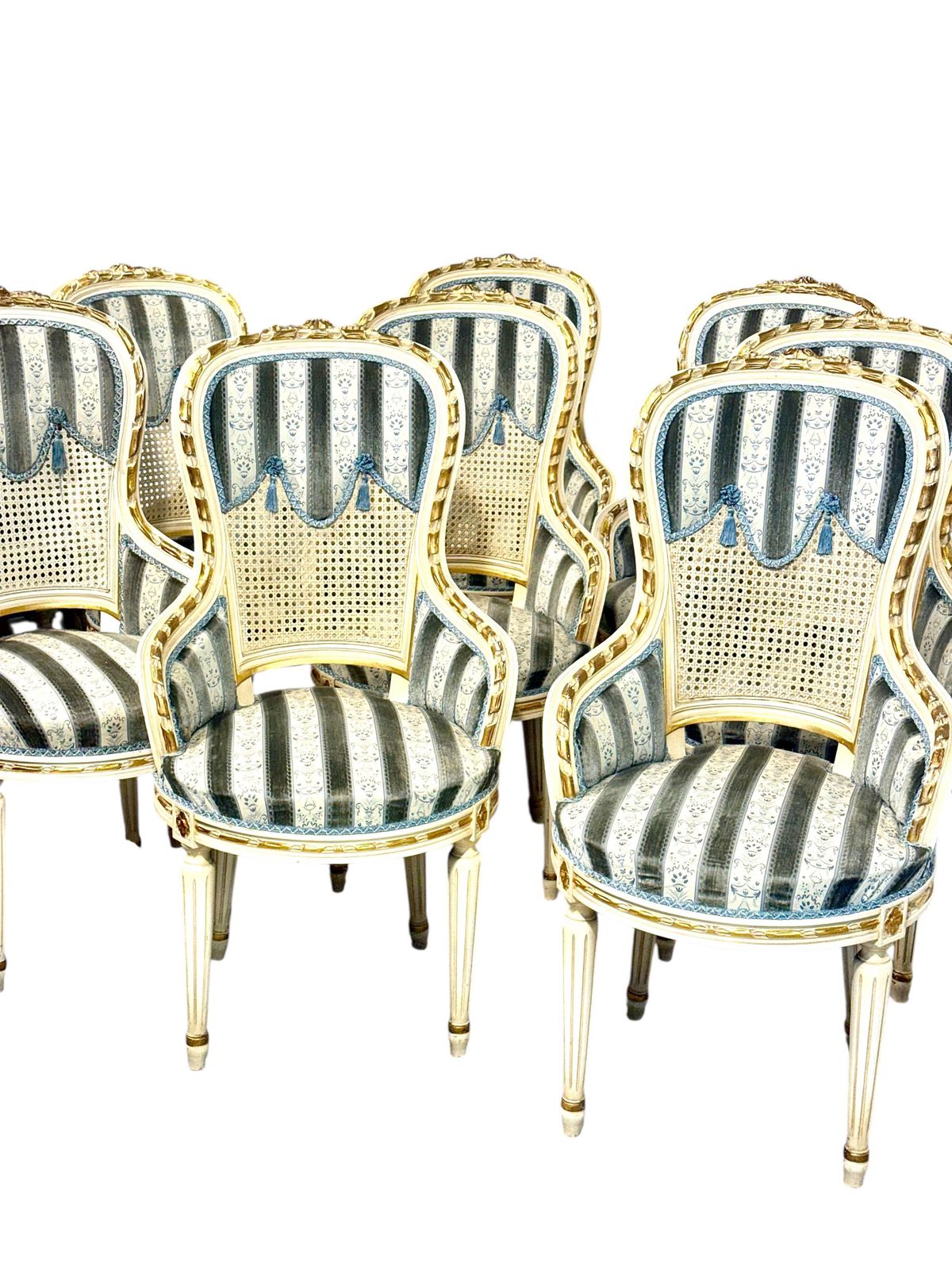 Furniture Set Of Eight French Louis XVI Style Painted & Gilt Dining Chairs, Caned Backs photo