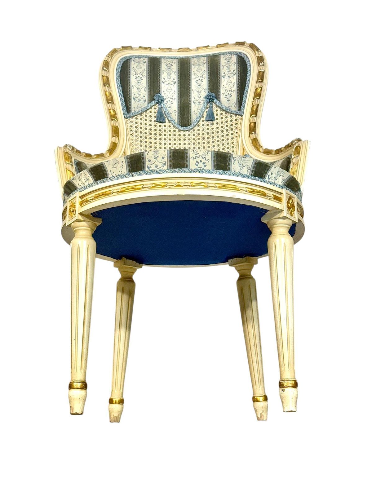 photo buy Set Of Eight French Louis XVI Style Painted & Gilt Dining Chairs, Caned Backs