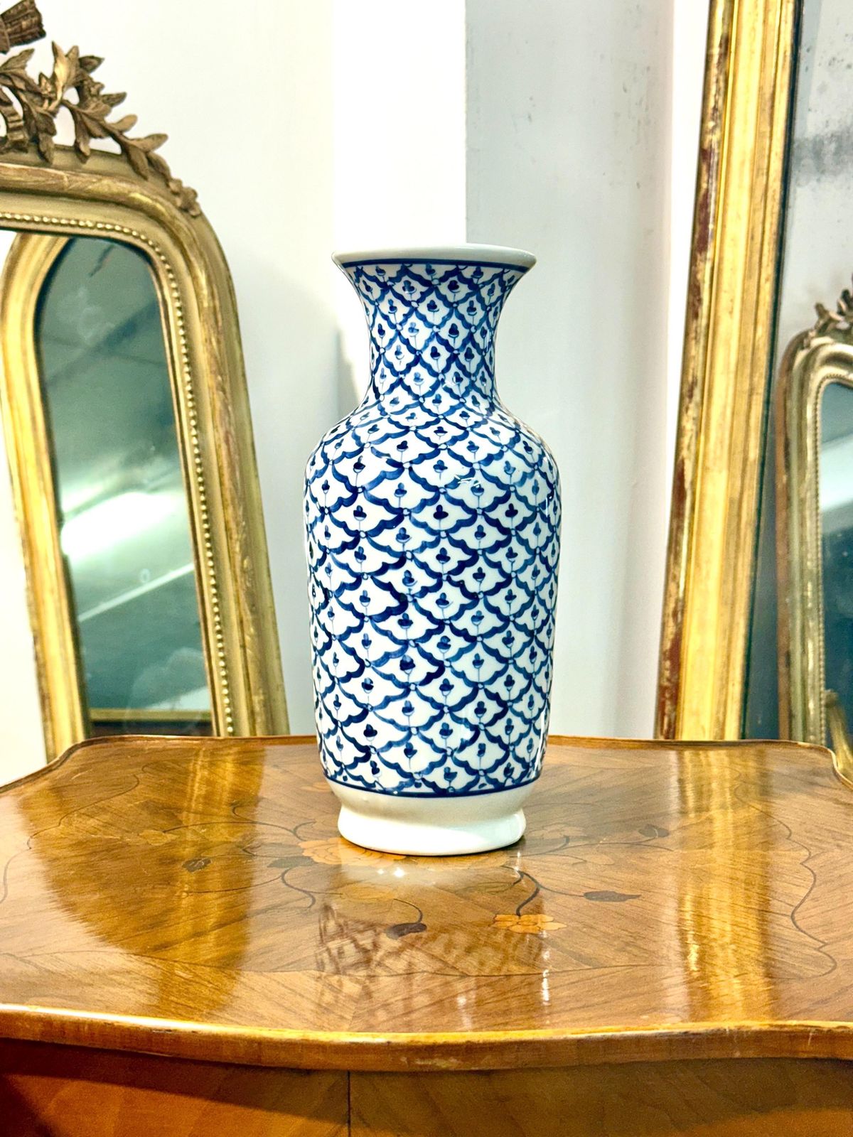 Mid 20th Century Blue And White Porcelain Vase, Floral Lattice Design photo furniture