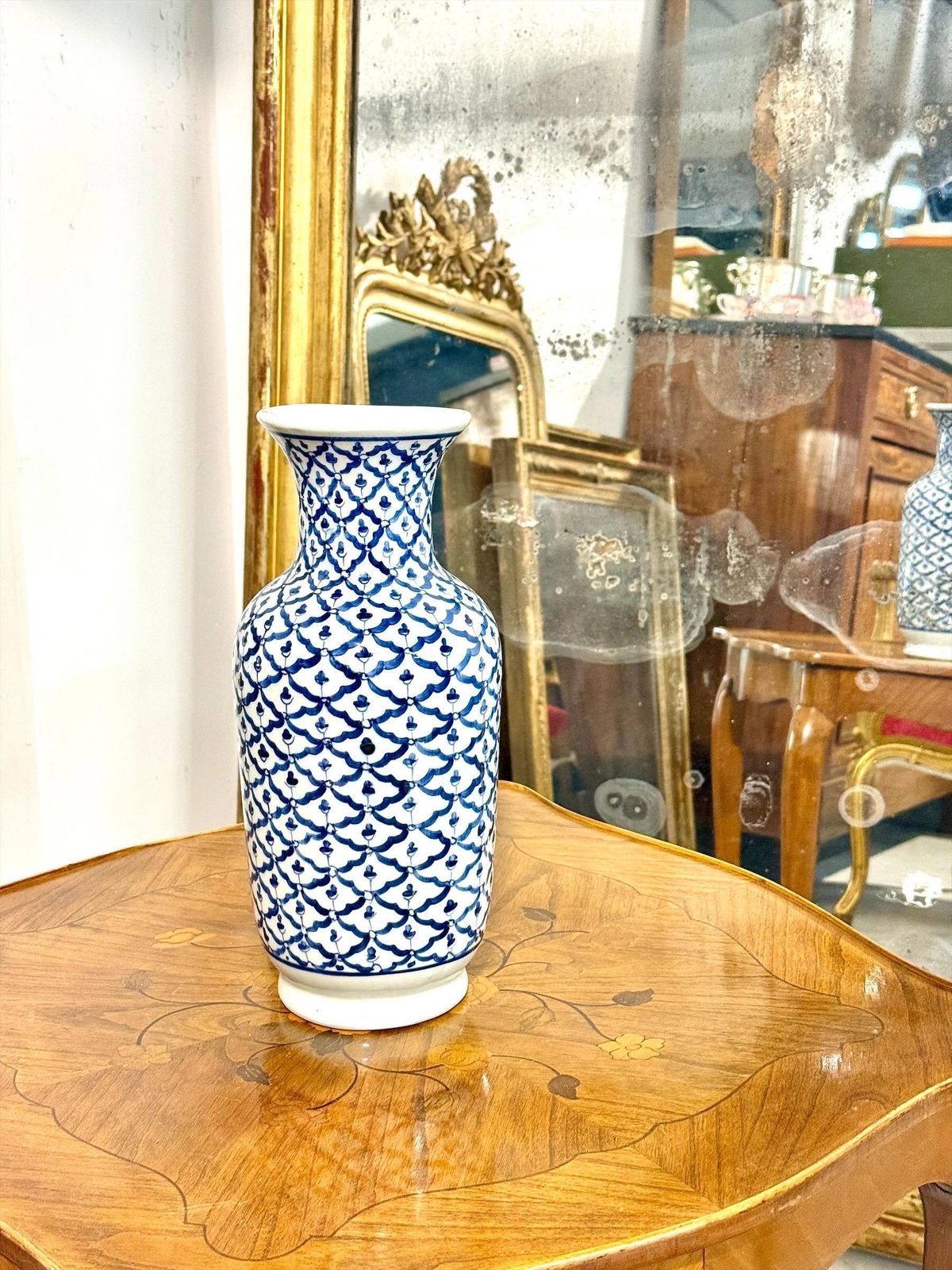 Mid 20th Century Blue And White Porcelain Vase, Floral Lattice Design photo vinterior