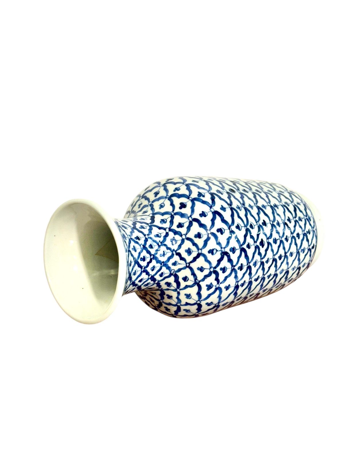 Mid 20th Century Blue And White Porcelain Vase, Floral Lattice Design photo buy