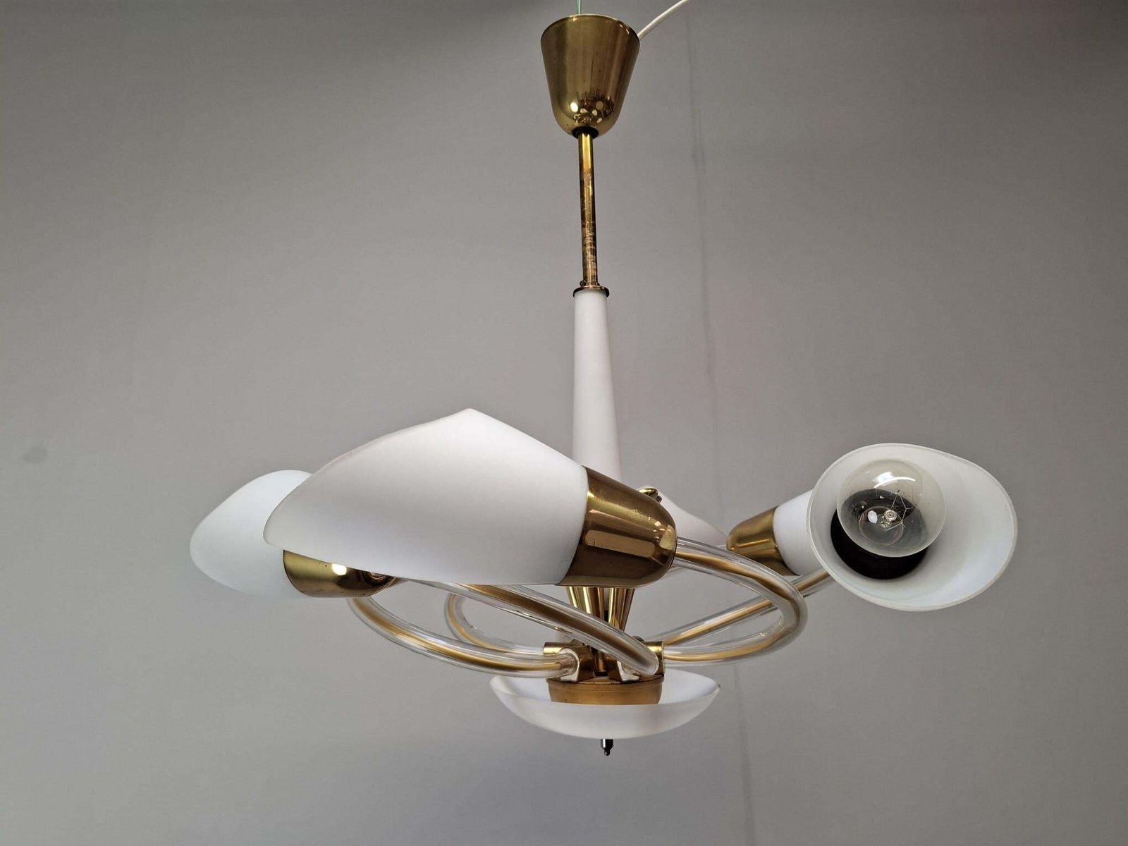Mid Century Czech Brass And Milk Glass Six Light Chandelier, 1960s photo for sale