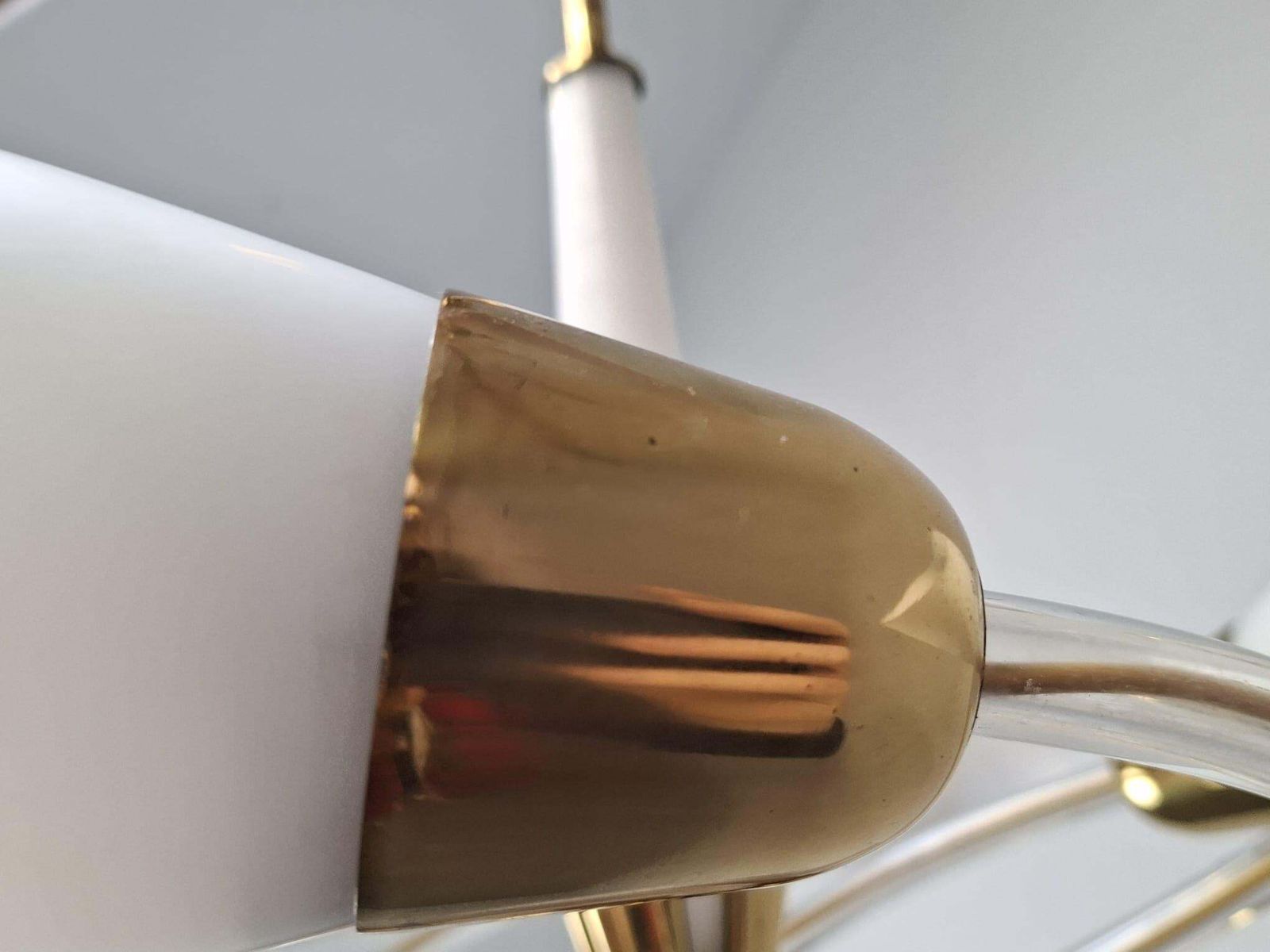 Lighting Mid Century Czech Brass And Milk Glass Six Light Chandelier, 1960s photo