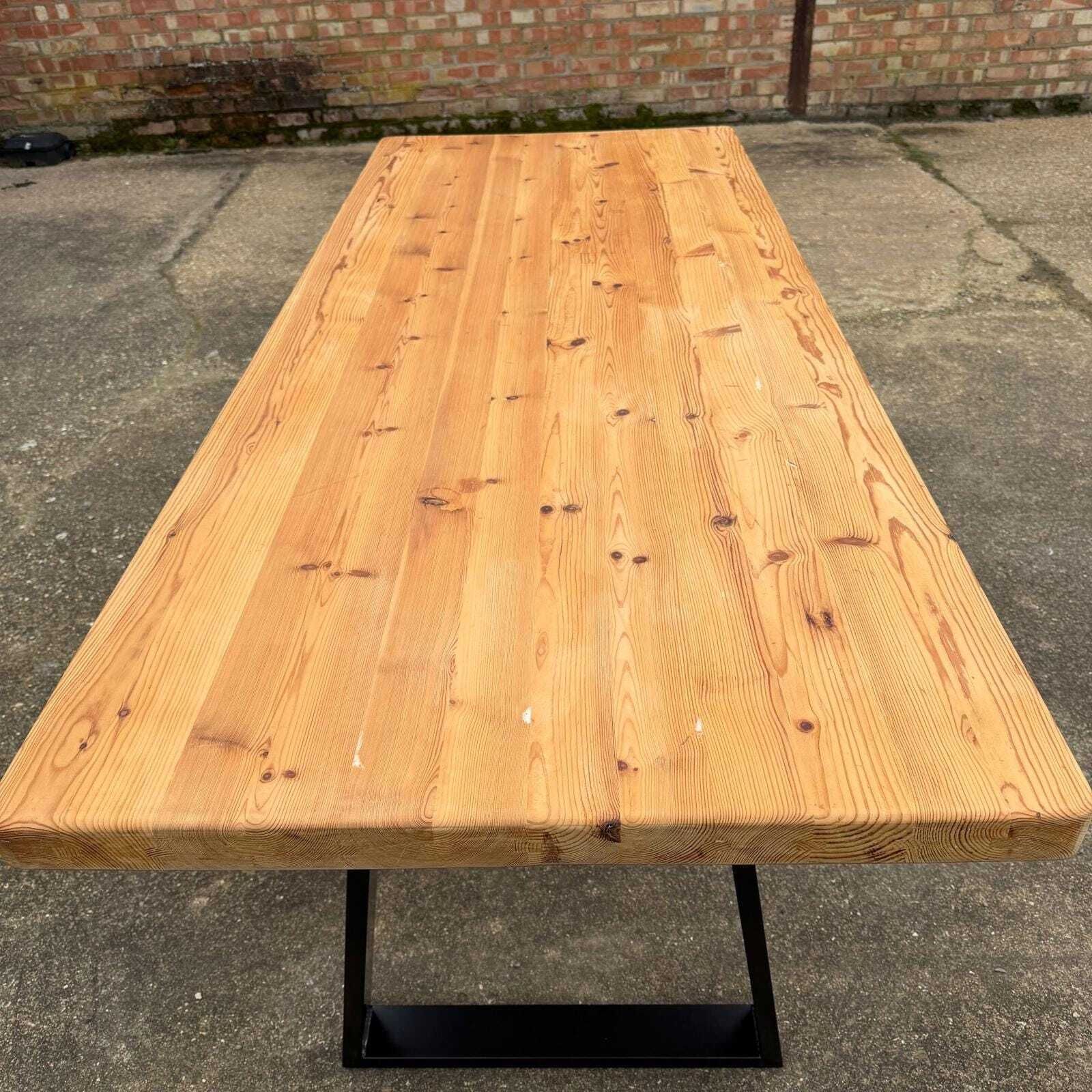 photo furniture Reclaimed Pine Farmhouse Table Modern Trapezium Metal Industrial Legs Seats 6/8