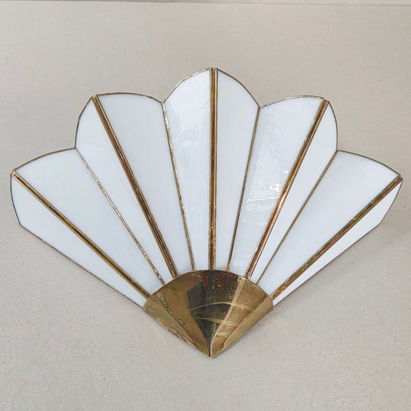 Vintage 1970s Brass & Mother Of Pearl Glass Paste Fan Sconce Art Deco