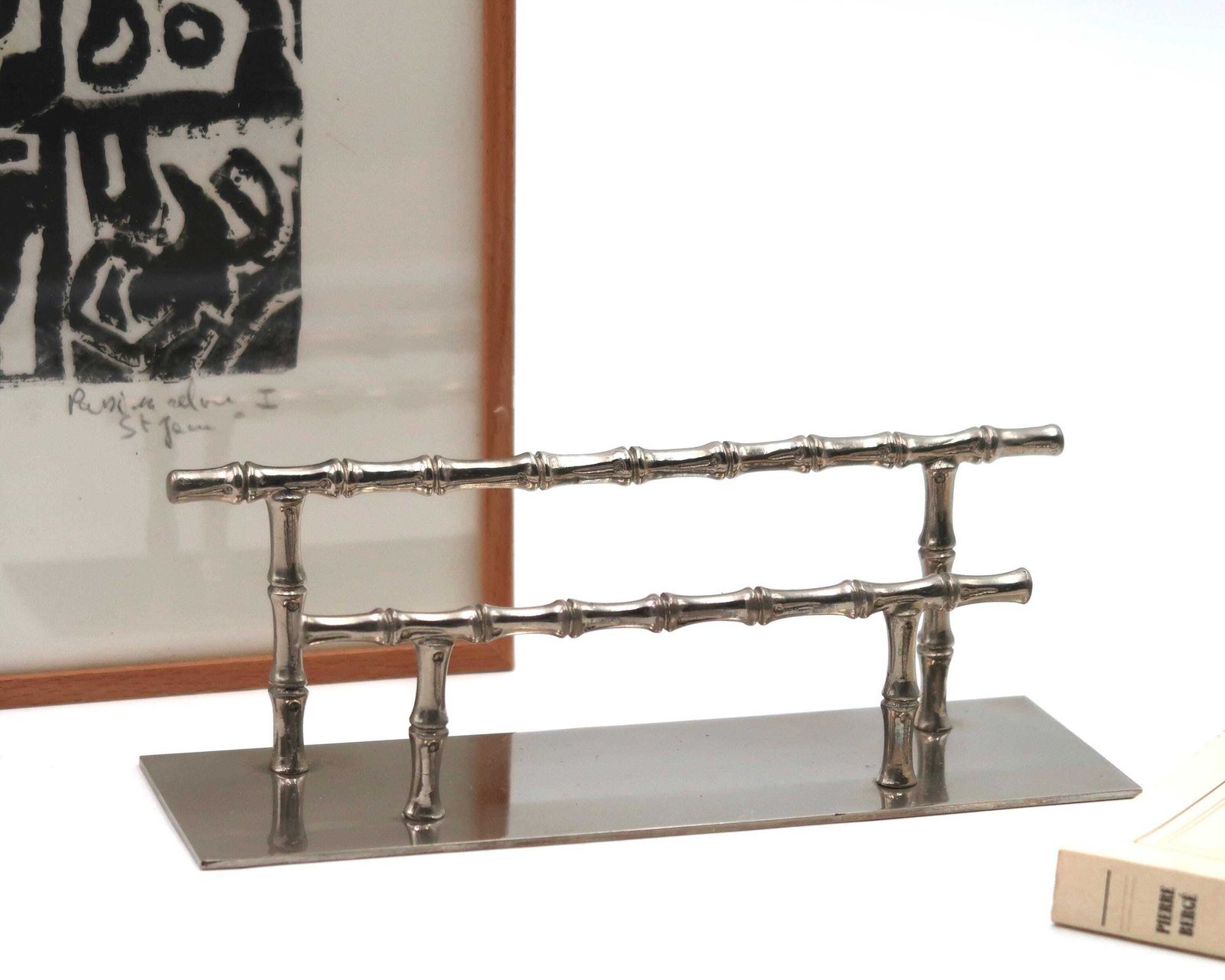 French Silver Metal Bamboo Letter Holder, 1950s / Desk Organizer, Rack, Home Decor photo Home Decor