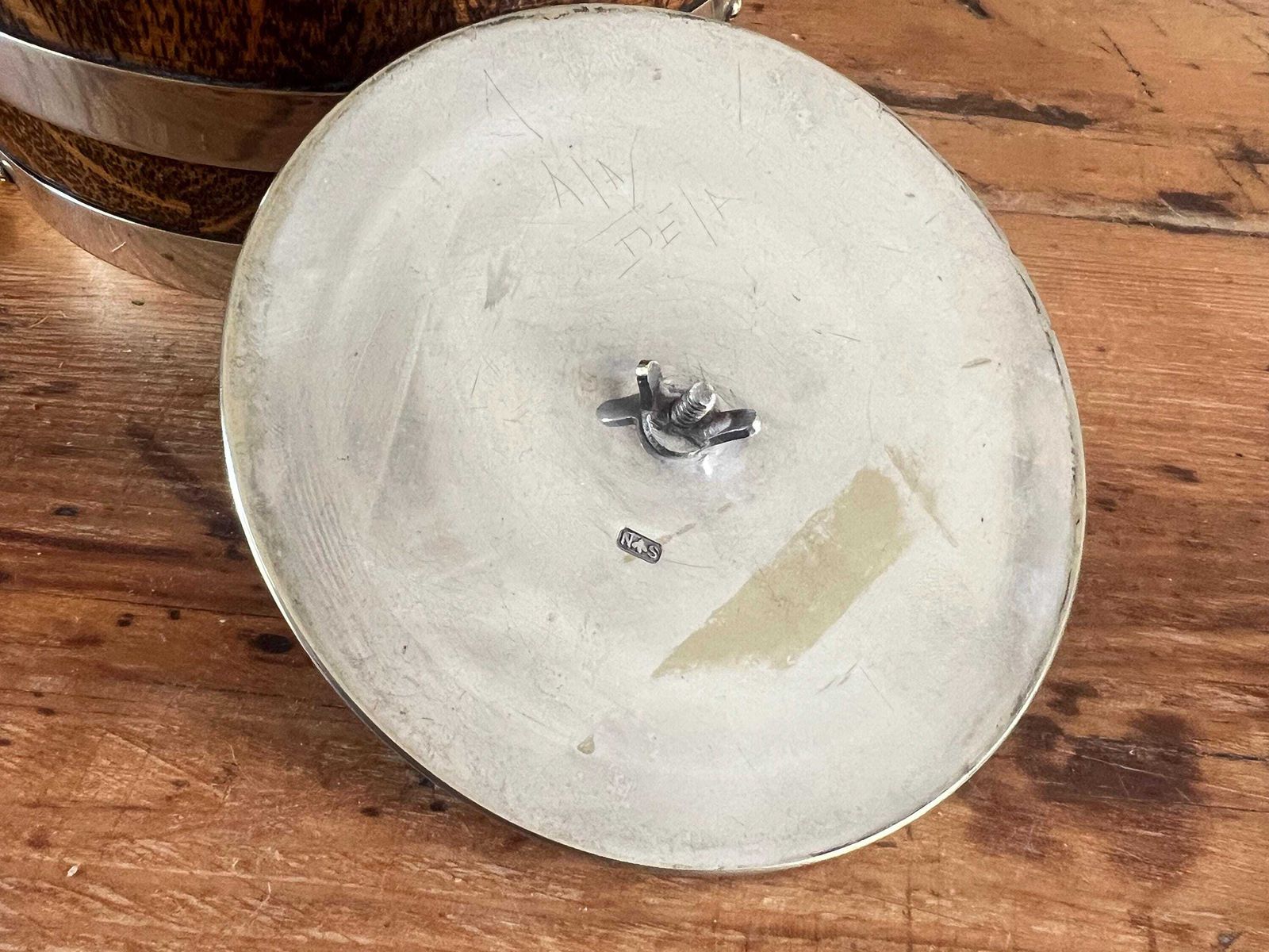 Vintage Oak Silver Plate Biscuit Barrel With Shield | Antique Wooden Ice Bucket | Rustic English Country Farmhouse Decor photo vinterior