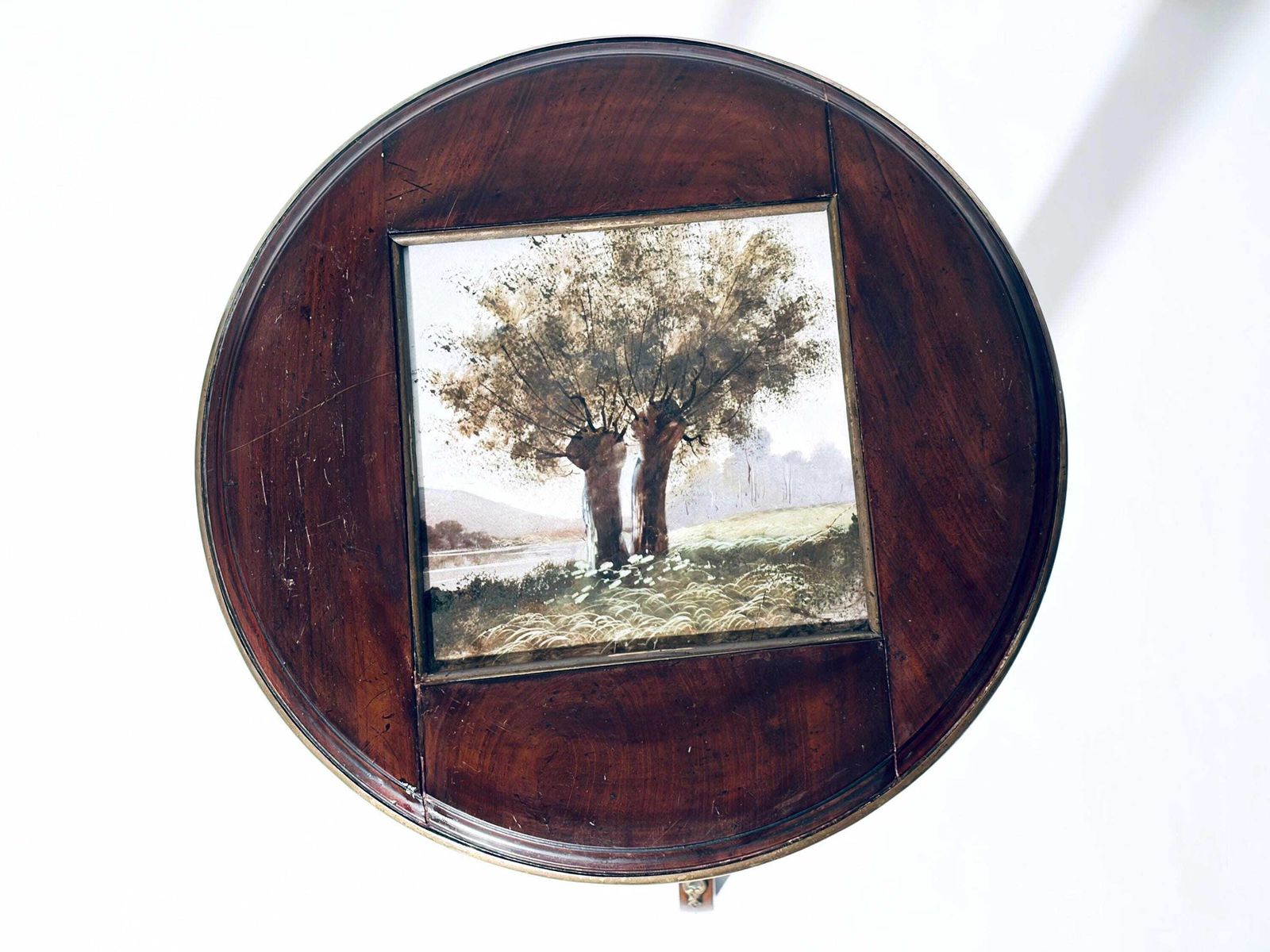 Antique Round Louis XVI Wooden Flower Table Jardiniere With Ceramic Tile Tree Motif / 1890s France photo Furniture