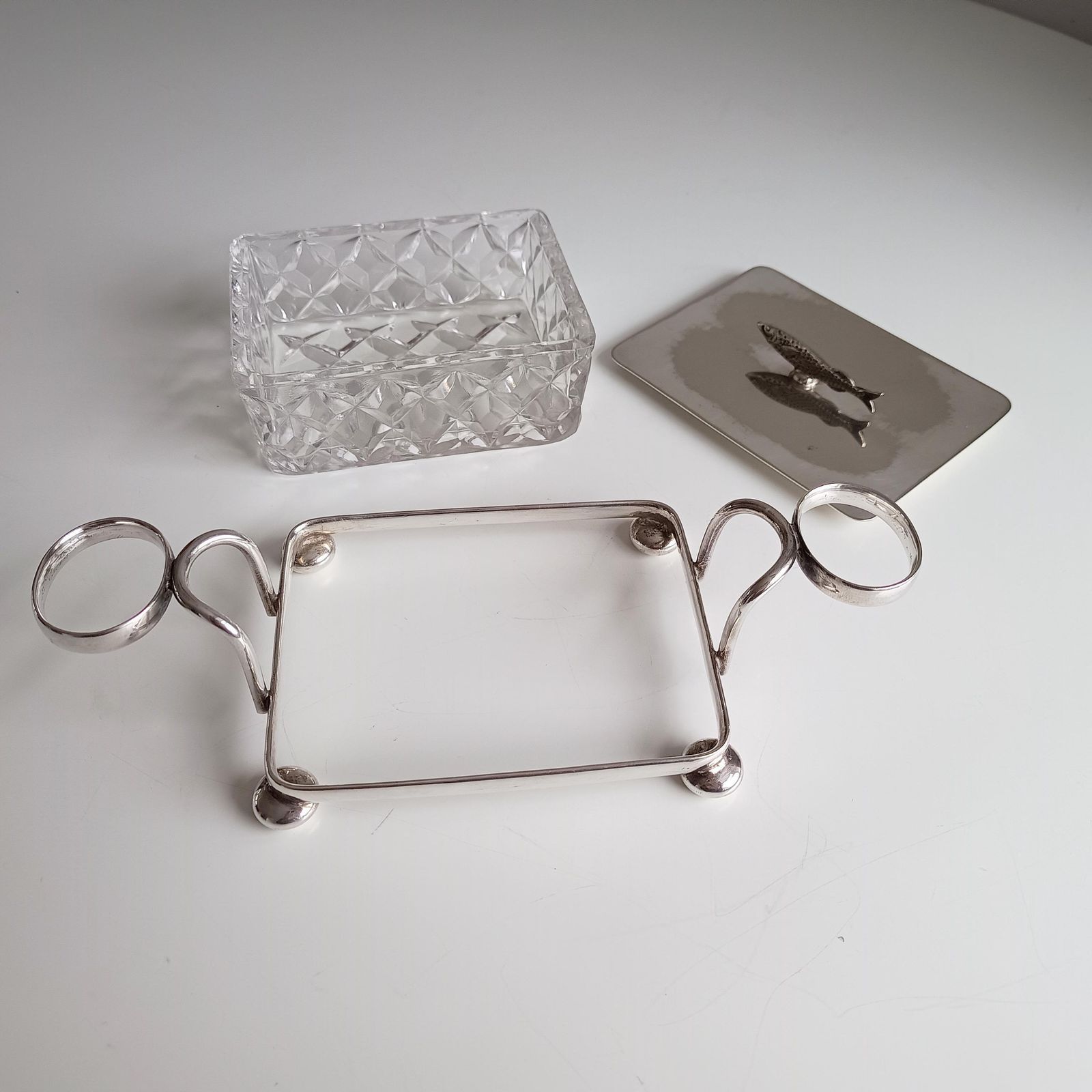 photo for sale Antique English Novelty Silver Plated Cut Glass Sardine Serving Dish: Zoomorphic Finial, 1890